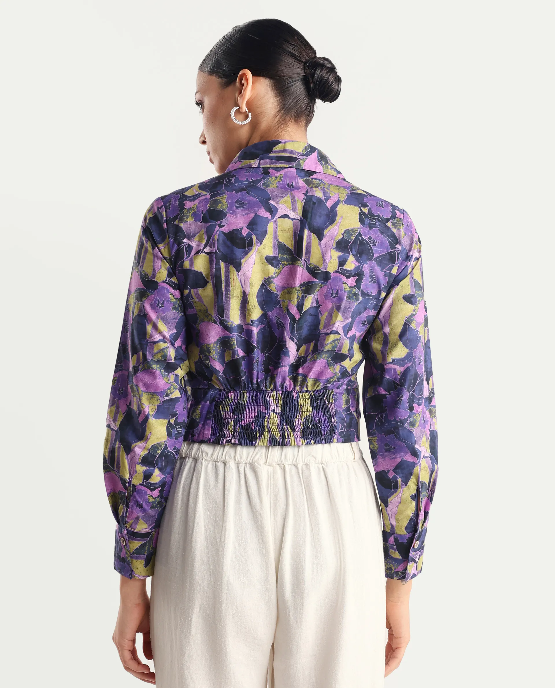 Rareism Women's Gistero Multi Cotton Spread Collar Abstract Print Cuffed Sleeve Crop Regular Fit Top - Image 8