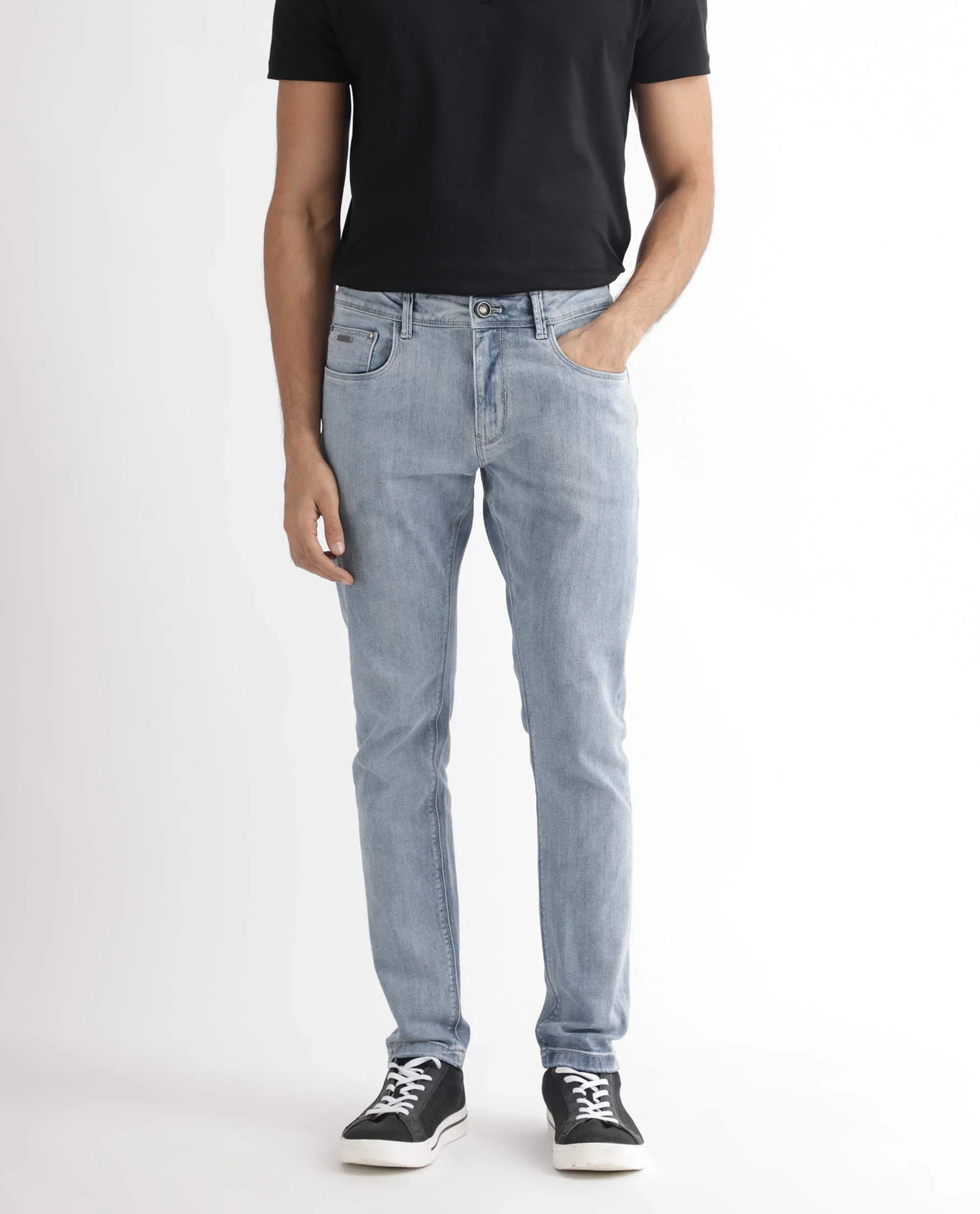 Rare Rabbit Men's Glacion Light Blue Cotton Plain Hawk Slim Fit Jeans