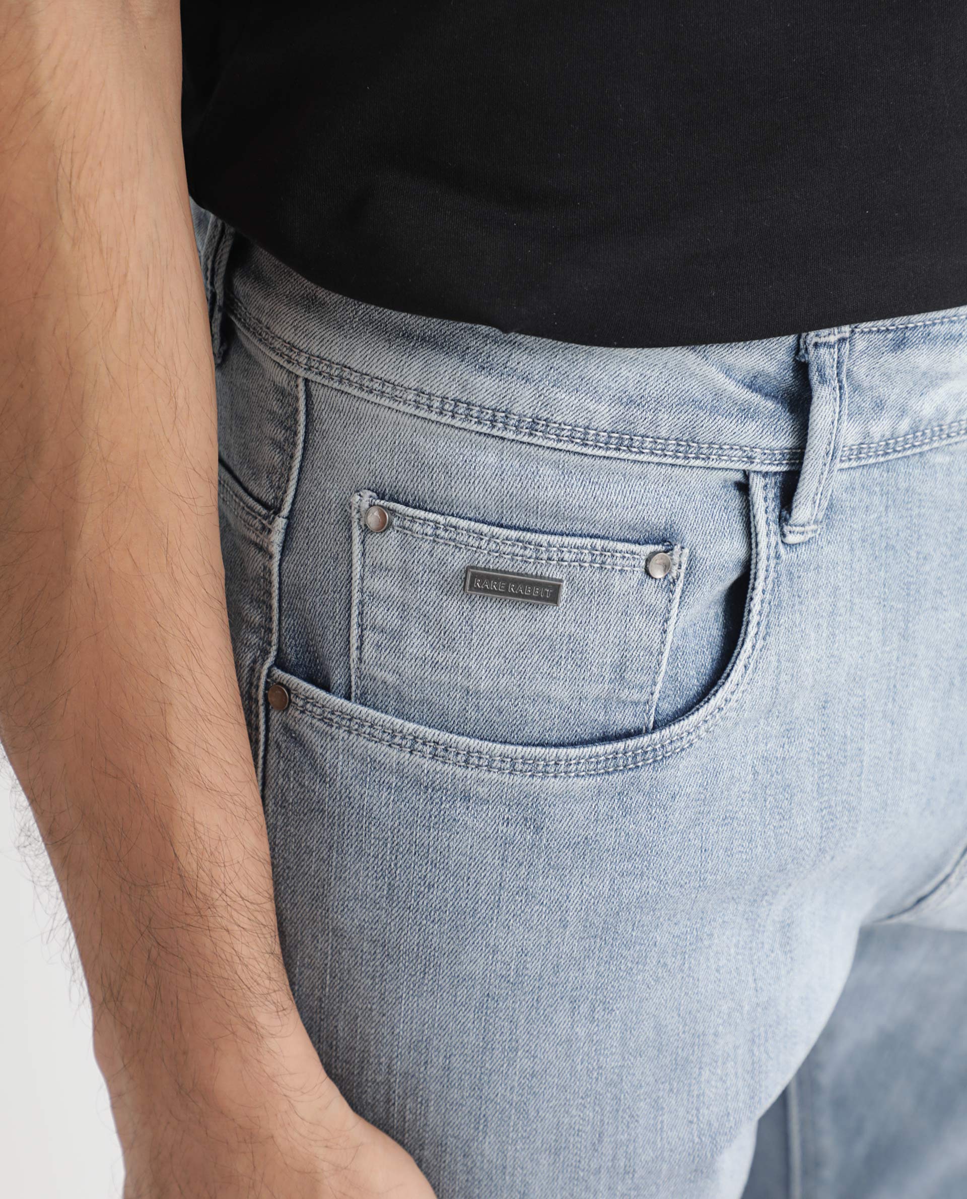 Rare Rabbit Men's Glacion Light Blue Cotton Plain Hawk Slim Fit Jeans - Image 2