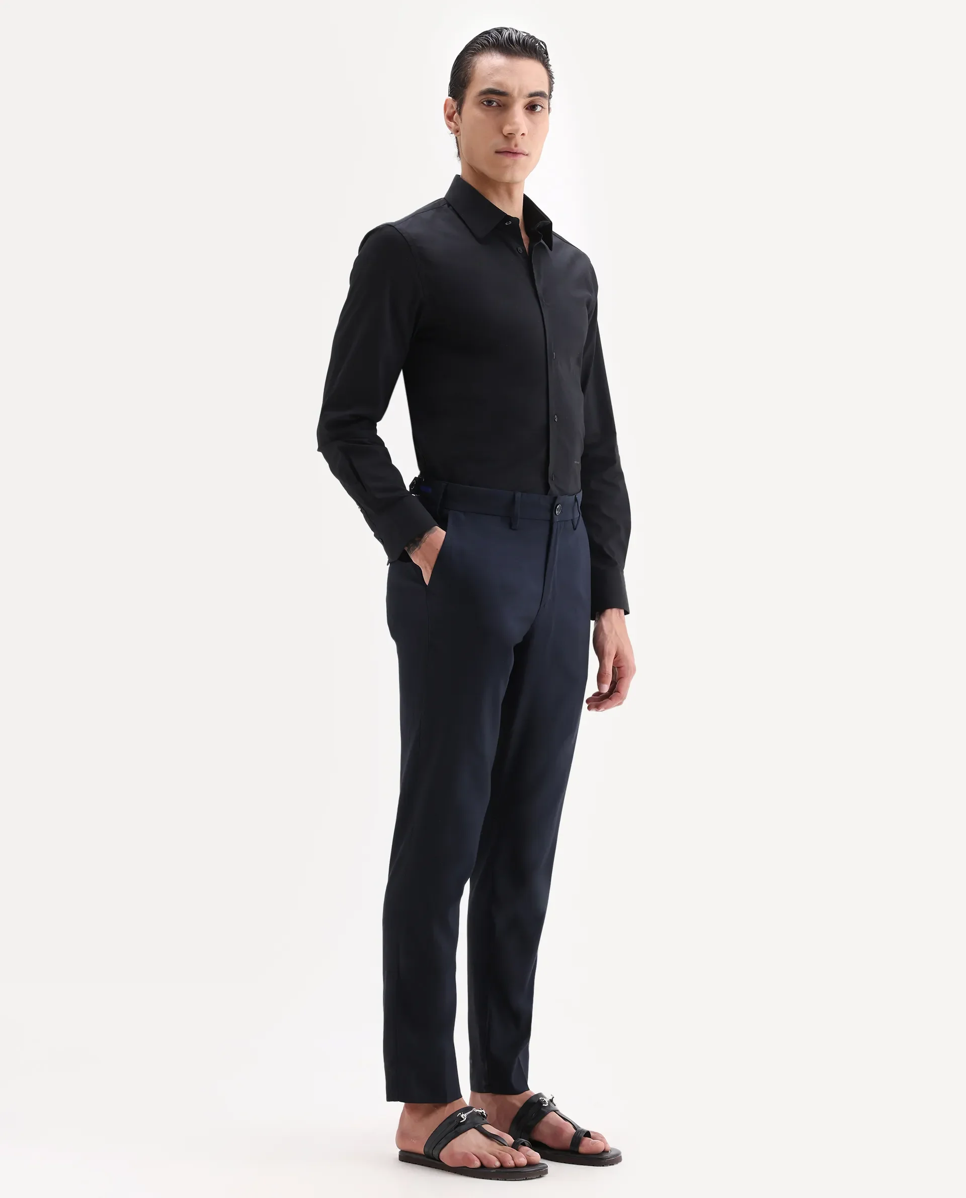 Rare Rabbit Men's Glade 1 Navy Polyester Plain Regular Fit Trouser - Image 3
