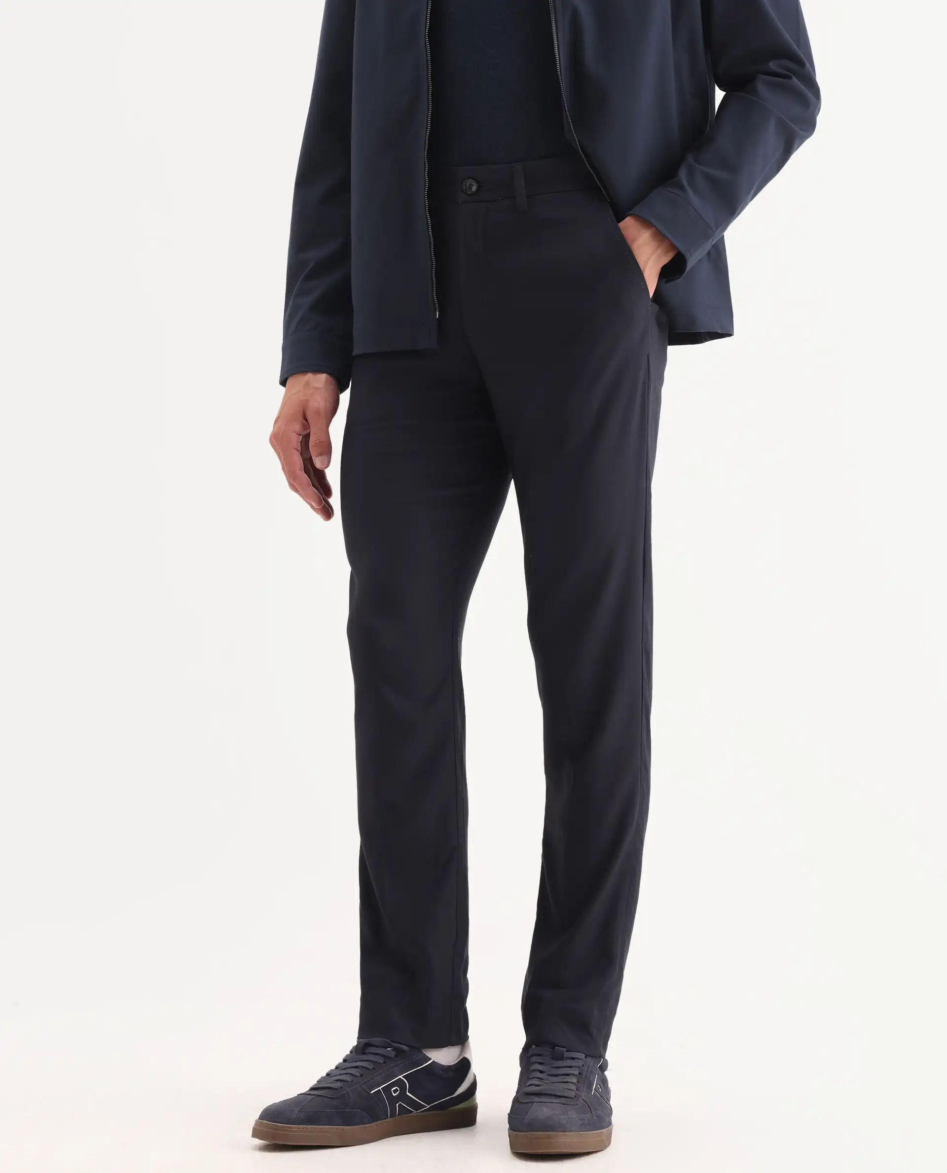 Rare Rabbit Men's Glade Dark Navy Viscose Plain Slim Fit Trouser - Image 2