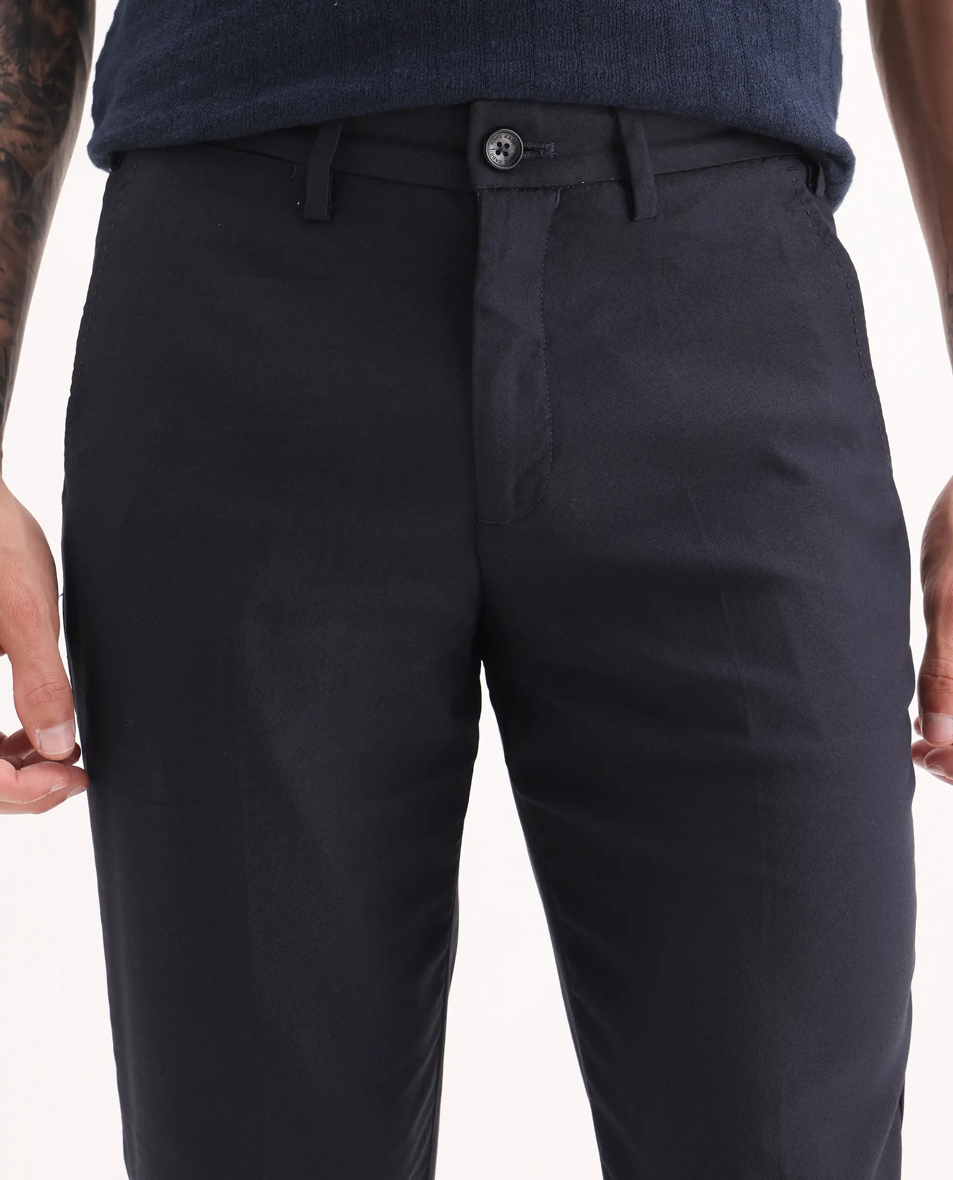 Rare Rabbit Men's Glade Dark Navy Viscose Plain Slim Fit Trouser - Image 3