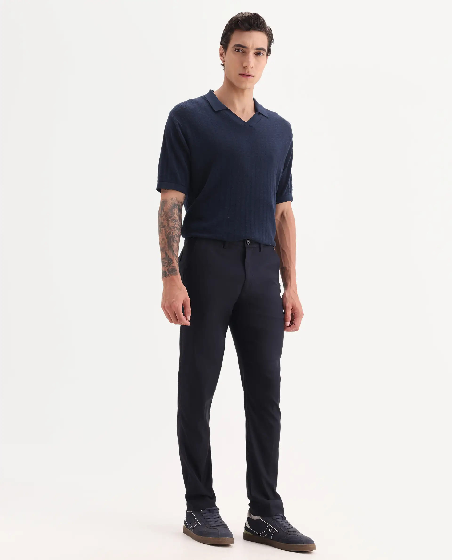 Rare Rabbit Men's Glade Dark Navy Viscose Plain Slim Fit Trouser - Image 4
