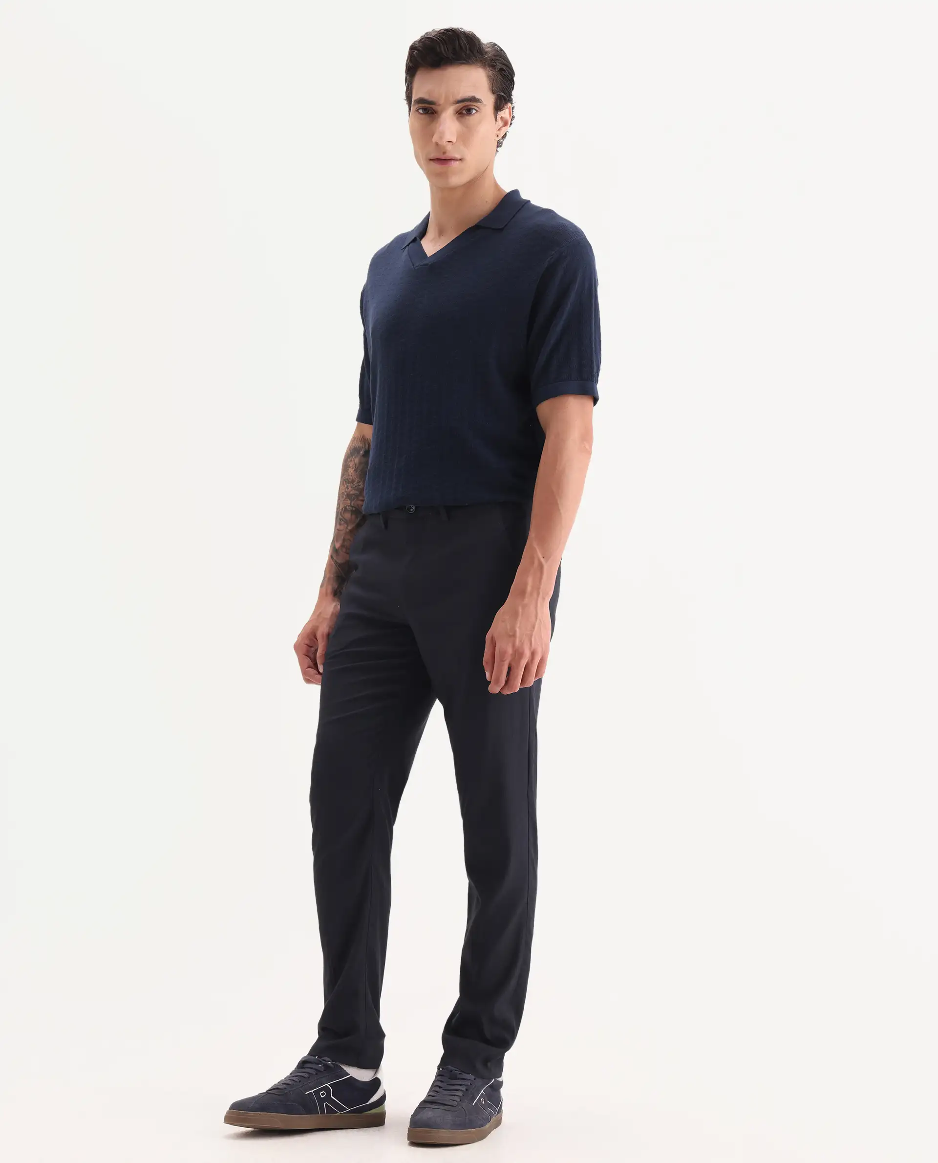 Rare Rabbit Men's Glade Dark Navy Viscose Plain Slim Fit Trouser - Image 5