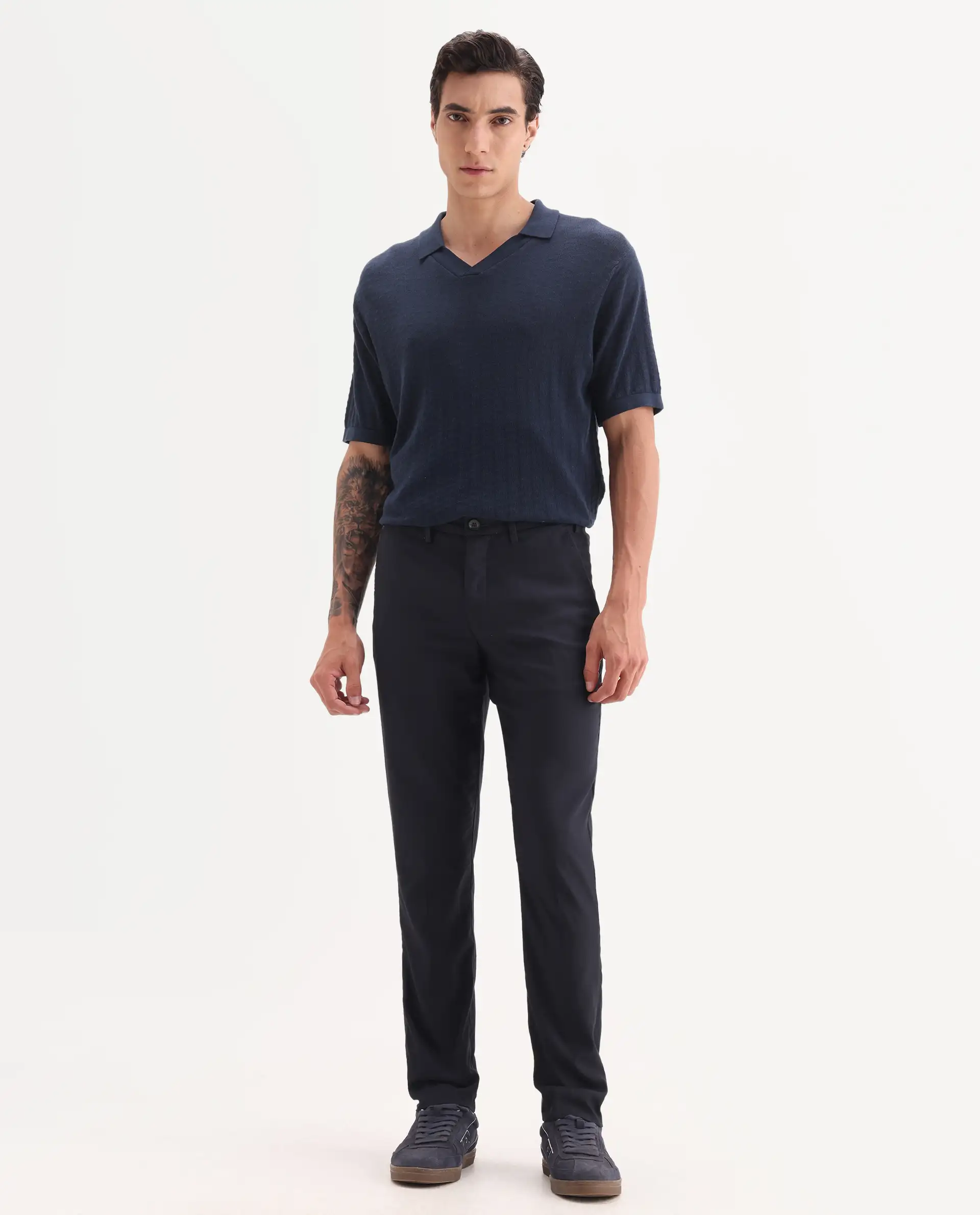 Rare Rabbit Men's Glade Dark Navy Viscose Plain Slim Fit Trouser - Image 7