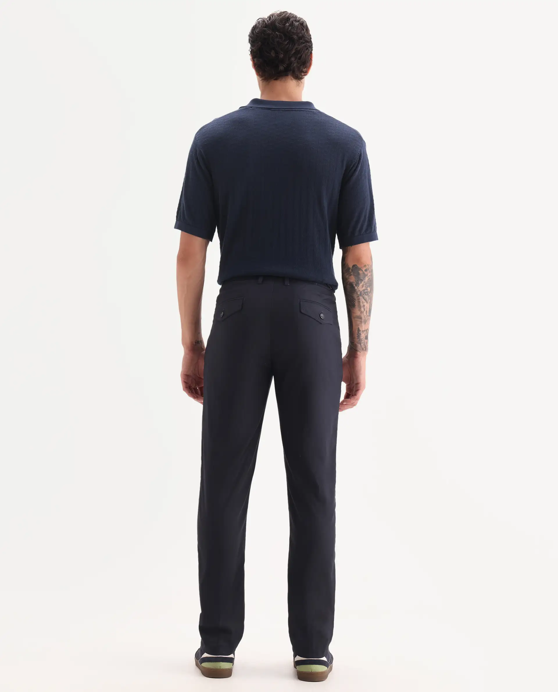 Rare Rabbit Men's Glade Dark Navy Viscose Plain Slim Fit Trouser - Image 8