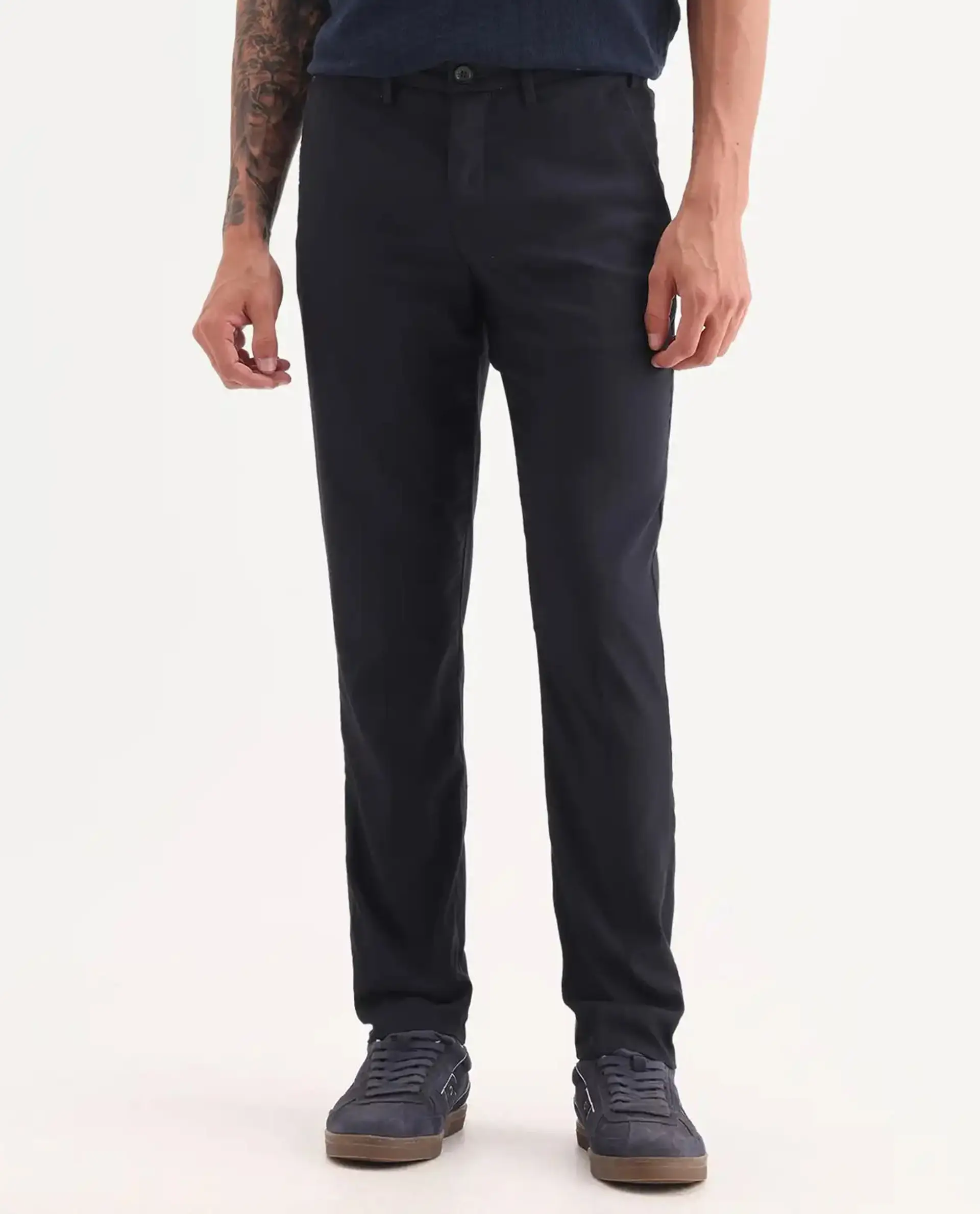 Rare Rabbit Men's Glade Dark Navy Viscose Plain Slim Fit Trouser - Image 9