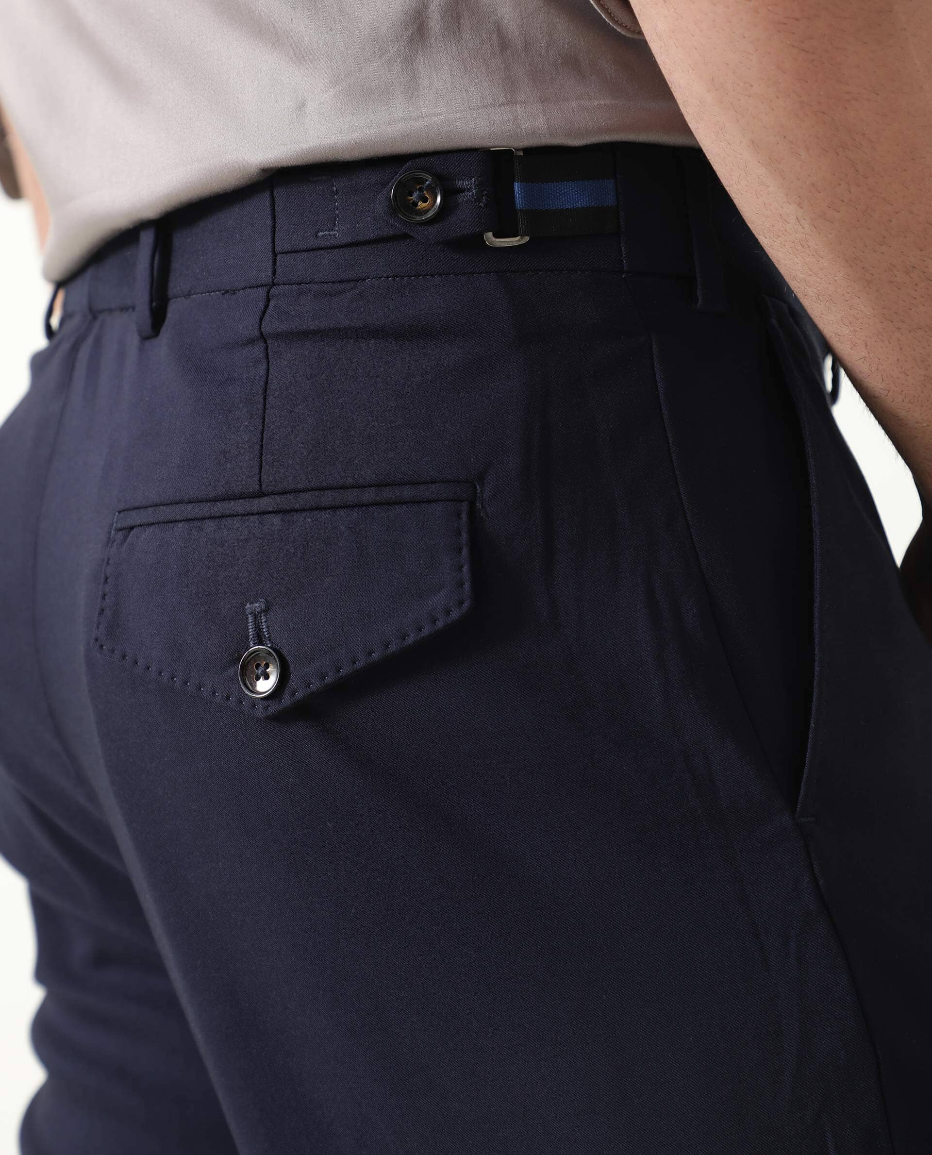 Rare Rabbit Men's Glade Navy Viscose Plain Slim Fit Trouser