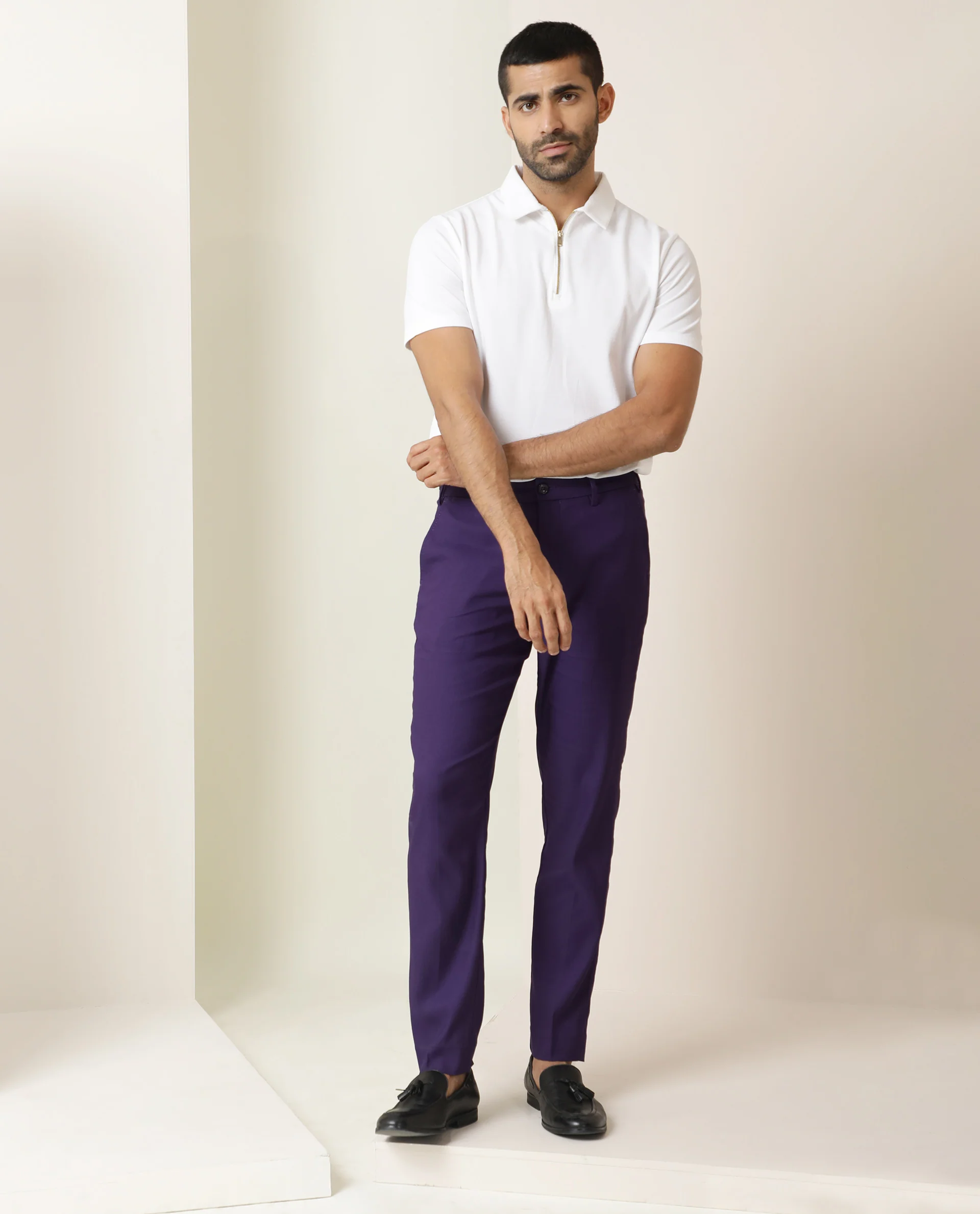Rare Rabbit Men's Glade Purple Viscose Plain Slim Fit Trouser - Image 3