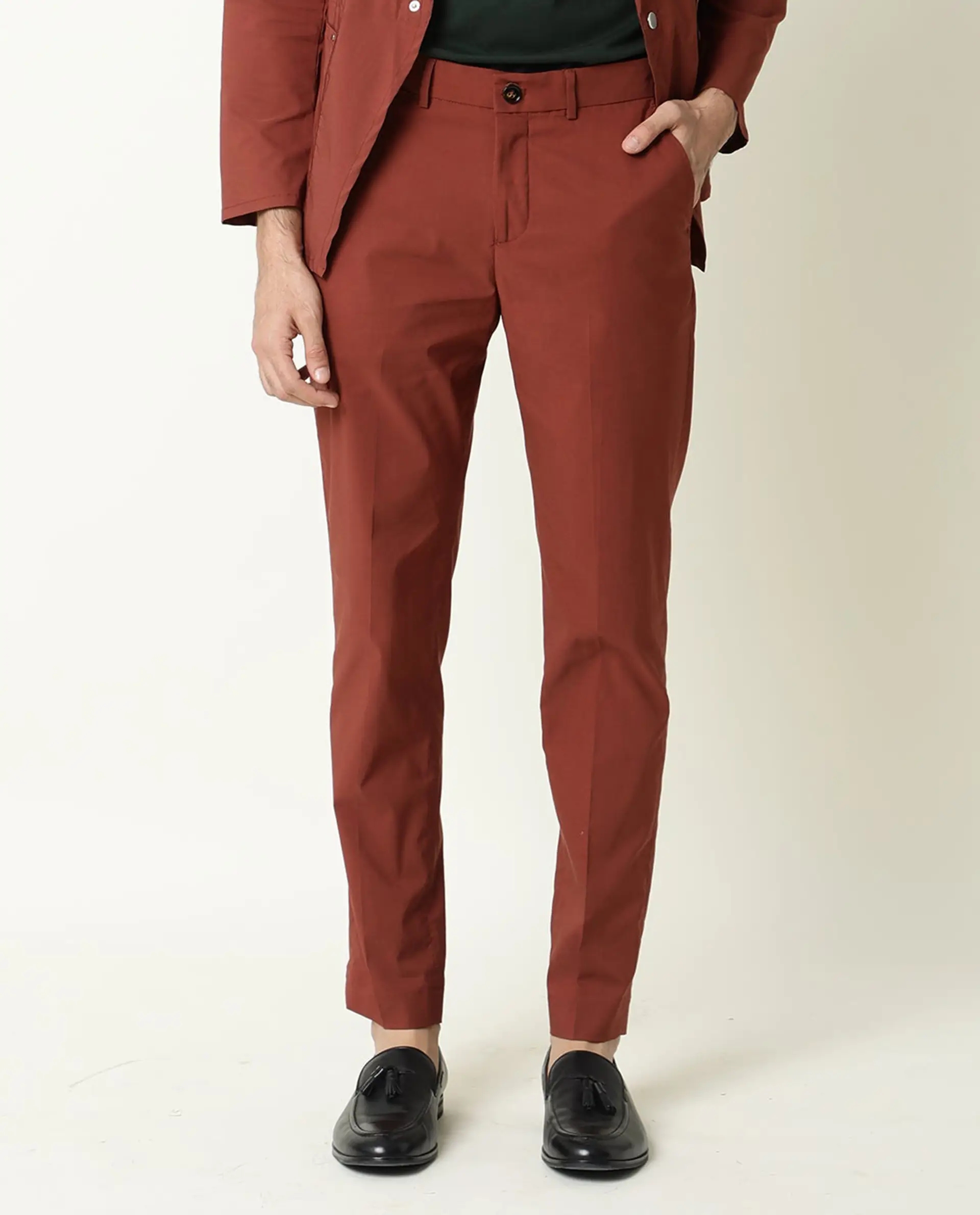Rare Rabbit Men's Glak Rust Viscose Plain Slim Fit Trouser - Image 11
