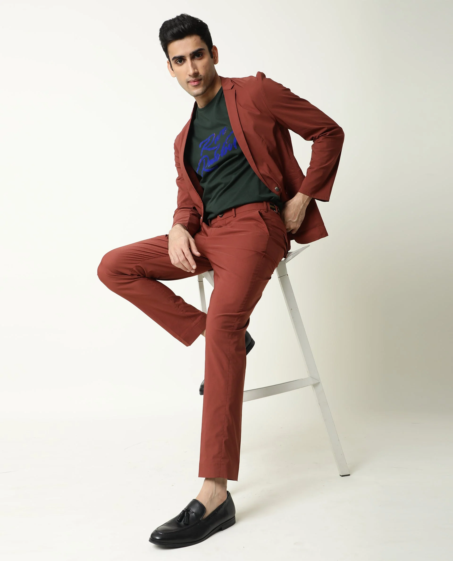 Rare Rabbit Men's Glak Rust Viscose Plain Slim Fit Trouser - Image 2