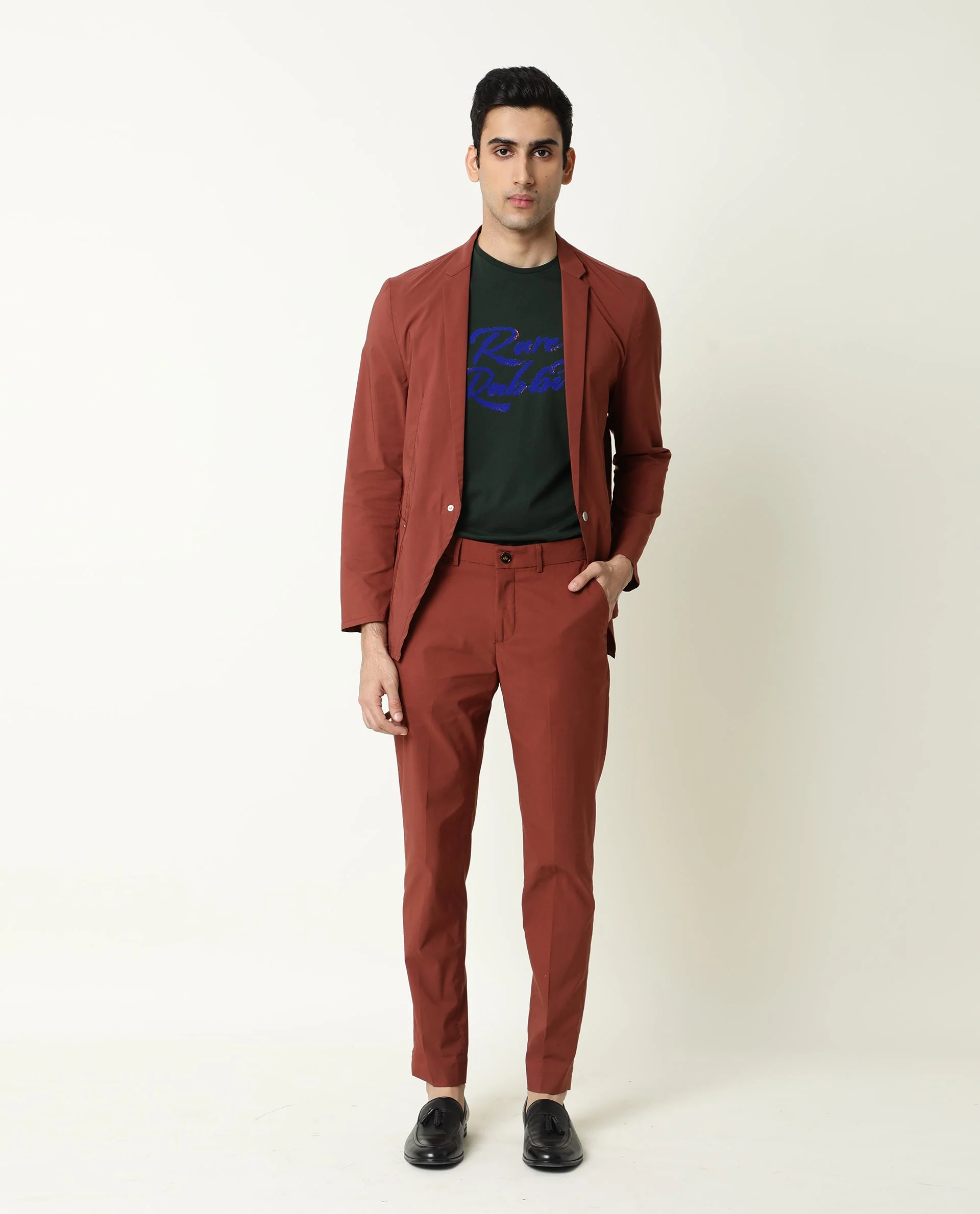 Rare Rabbit Men's Glak Rust Viscose Plain Slim Fit Trouser - Image 6