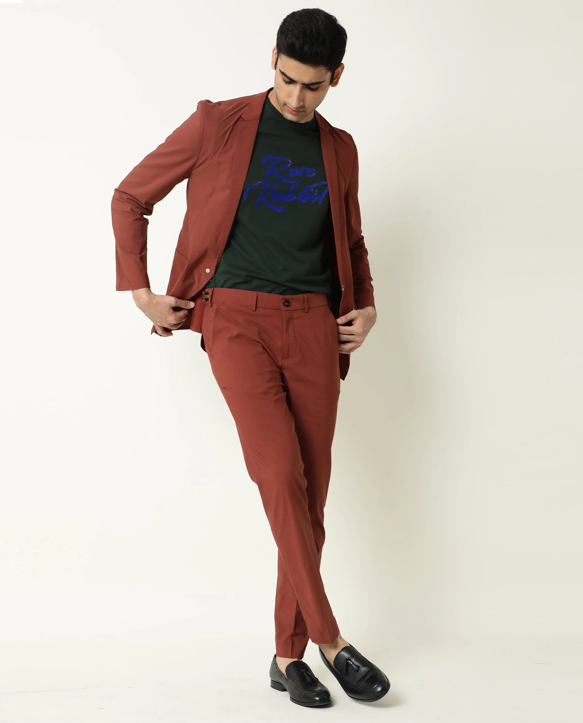 Rare Rabbit Men's Glak Rust Viscose Plain Slim Fit Trouser - Image 8
