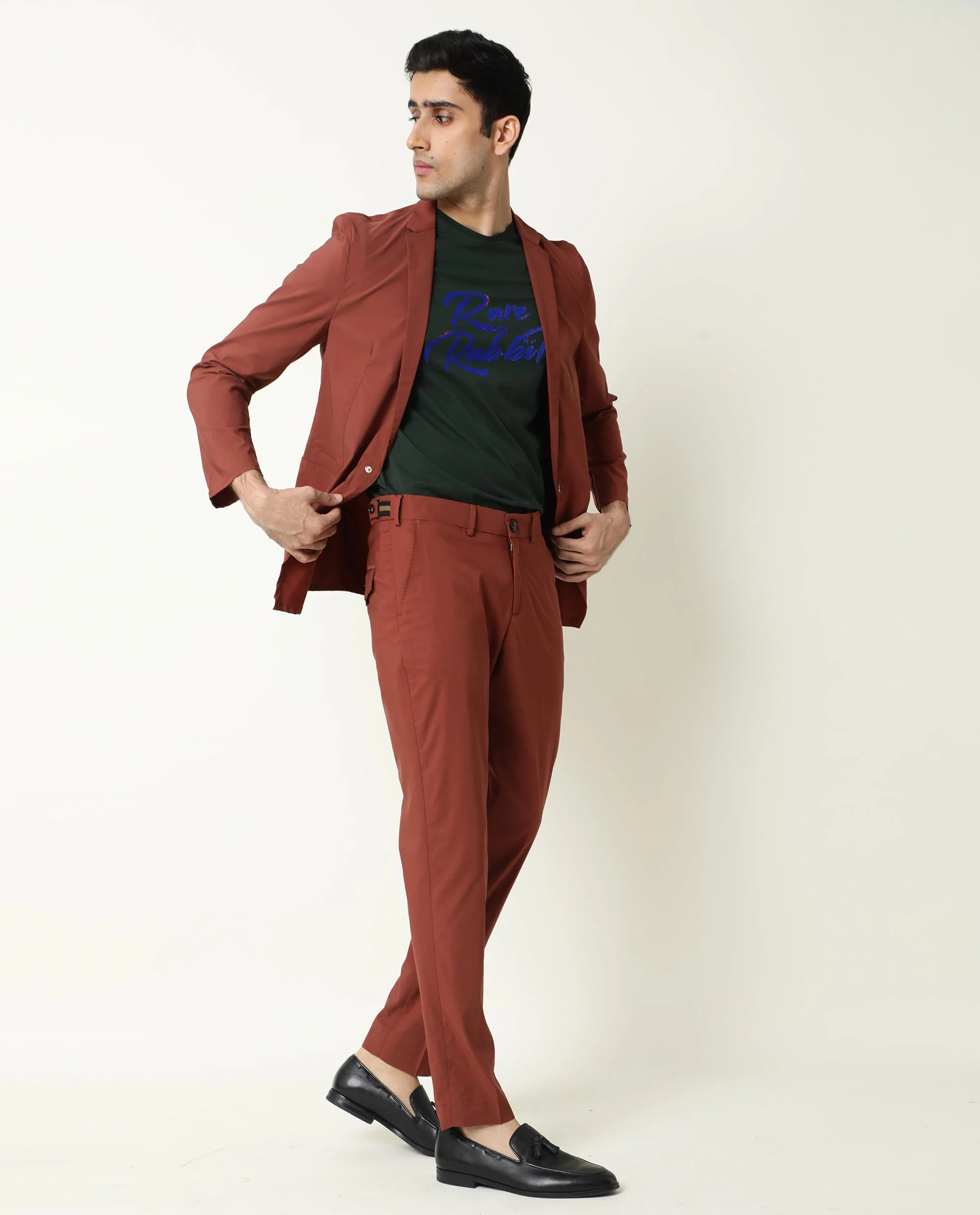Rare Rabbit Men's Glak Rust Viscose Plain Slim Fit Trouser - Image 9