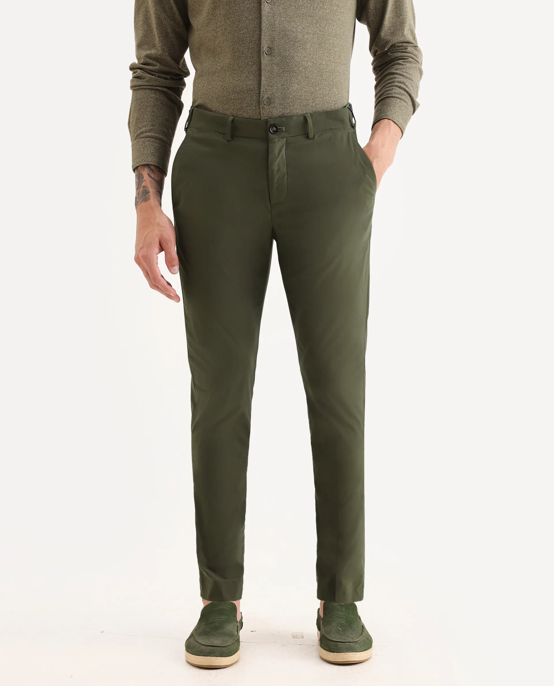 Rare Rabbit Men's Glak Olive Viscose Plain Slim Fit Trouser - Image 2