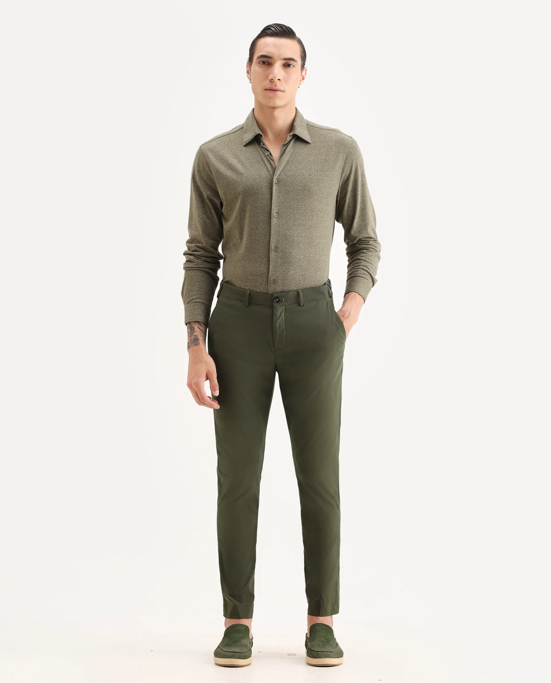 Rare Rabbit Men's Glak Olive Viscose Plain Slim Fit Trouser - Image 4