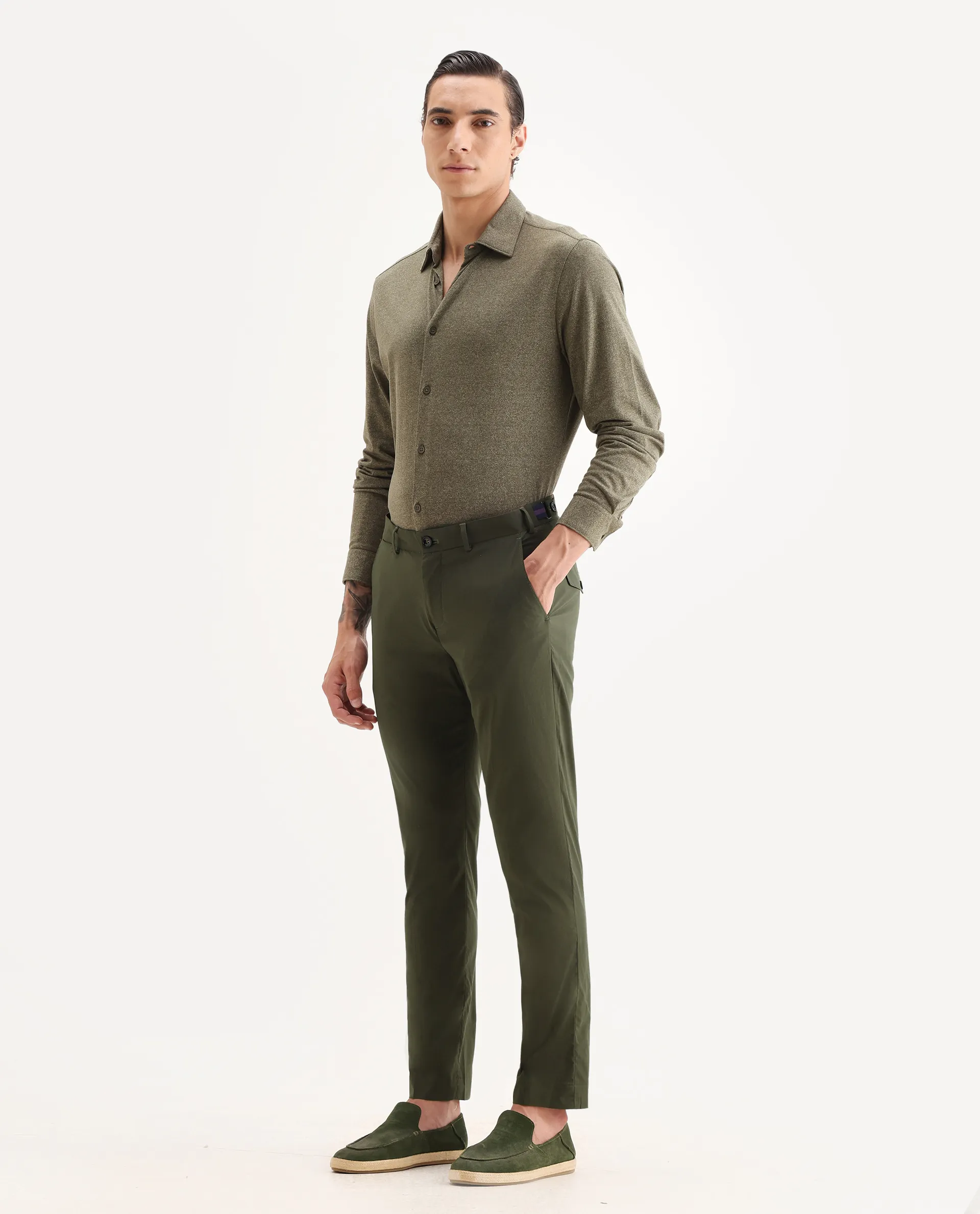 Rare Rabbit Men's Glak Olive Viscose Plain Slim Fit Trouser - Image 5