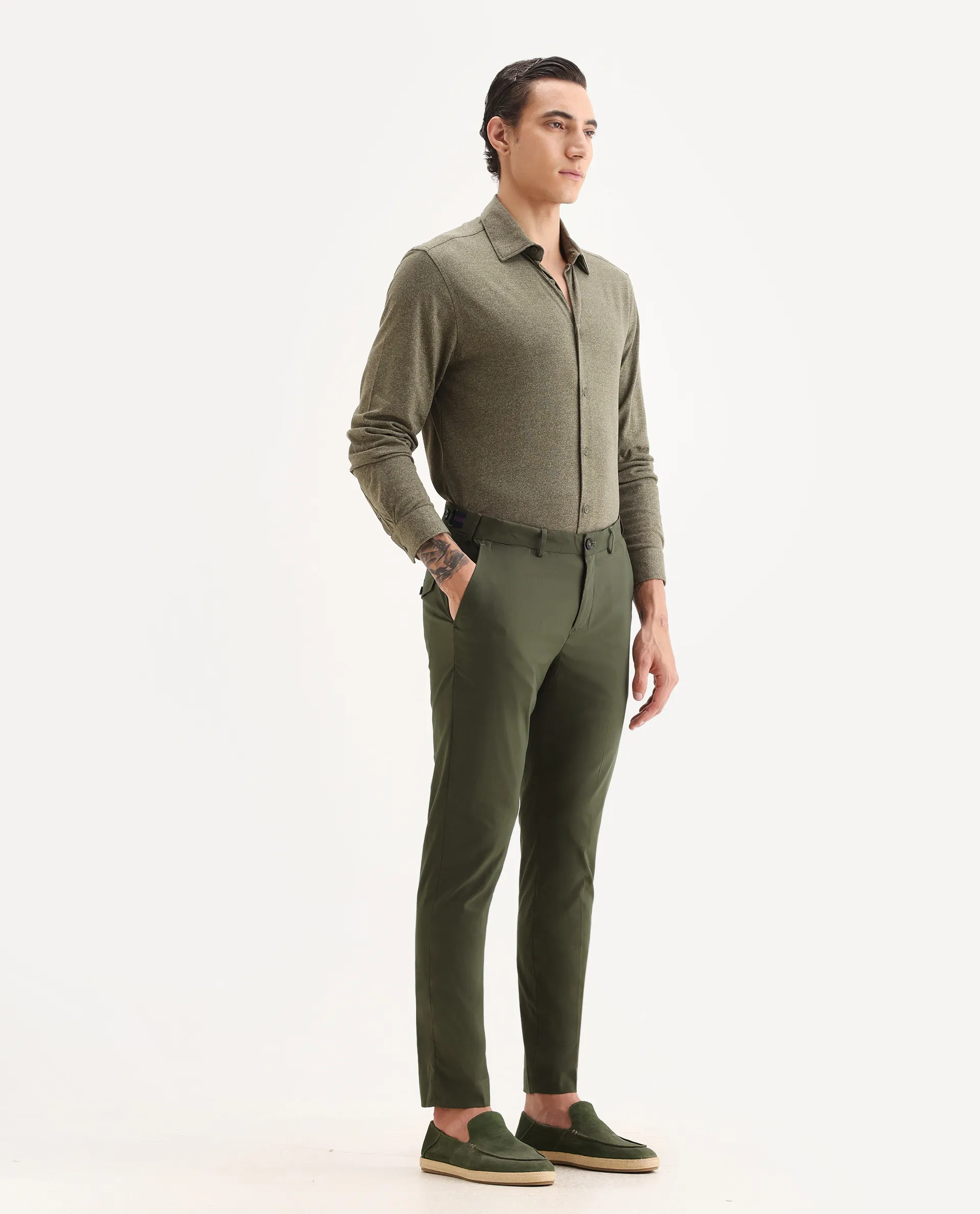 Rare Rabbit Men's Glak Olive Viscose Plain Slim Fit Trouser - Image 6