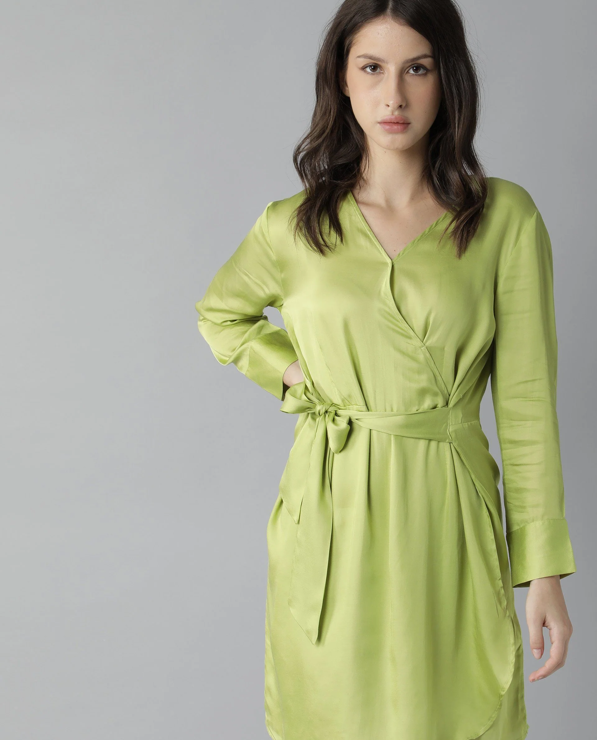 Rareism Womens Glam Green Dress Long Sleeve Short Length