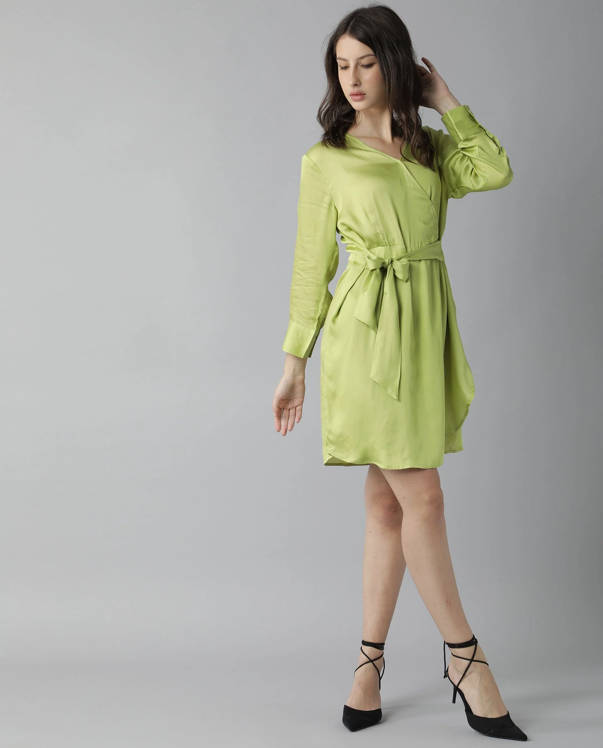 Rareism Womens Glam Green Dress Long Sleeve Short Length - Image 3