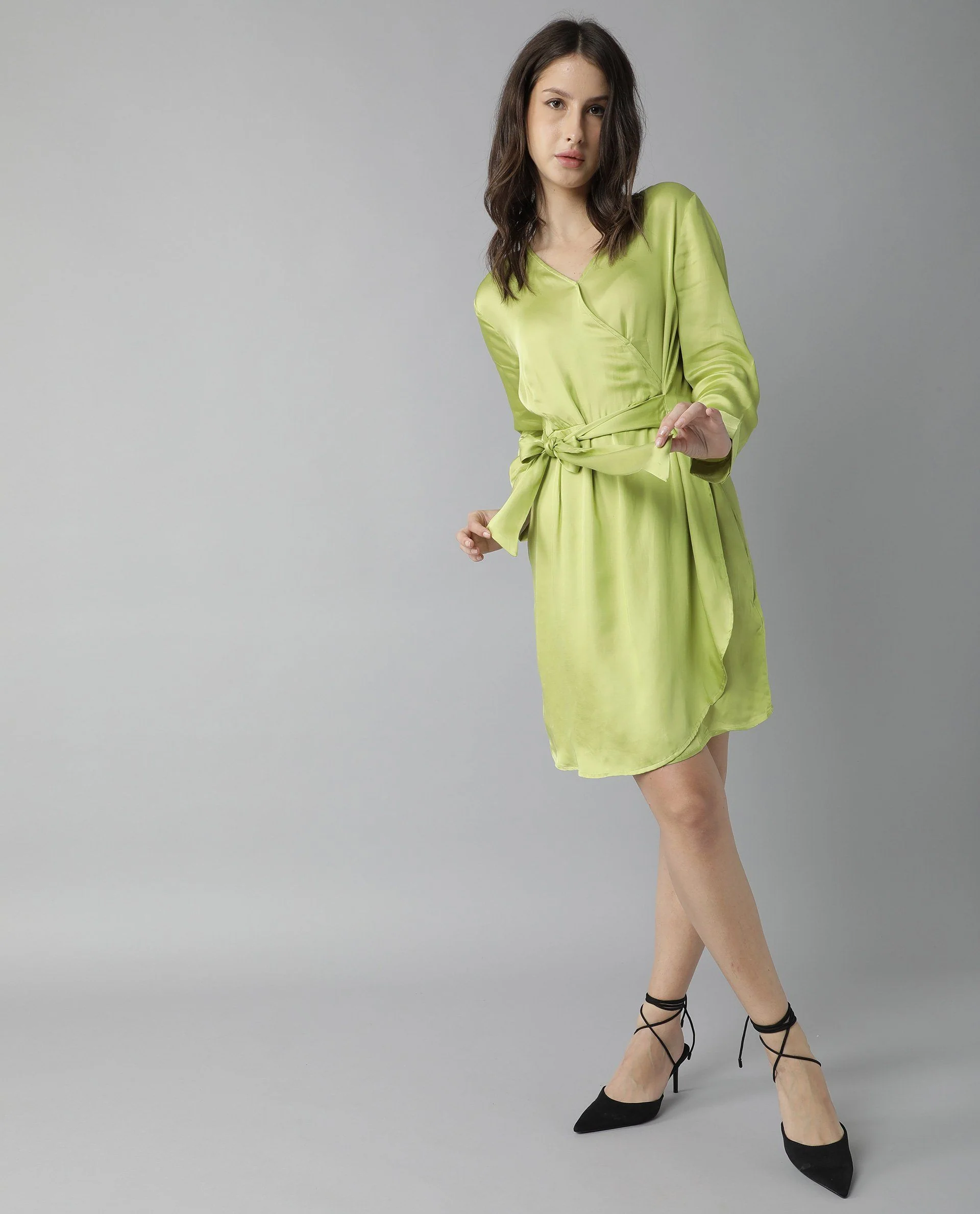 Rareism Womens Glam Green Dress Long Sleeve Short Length - Image 5