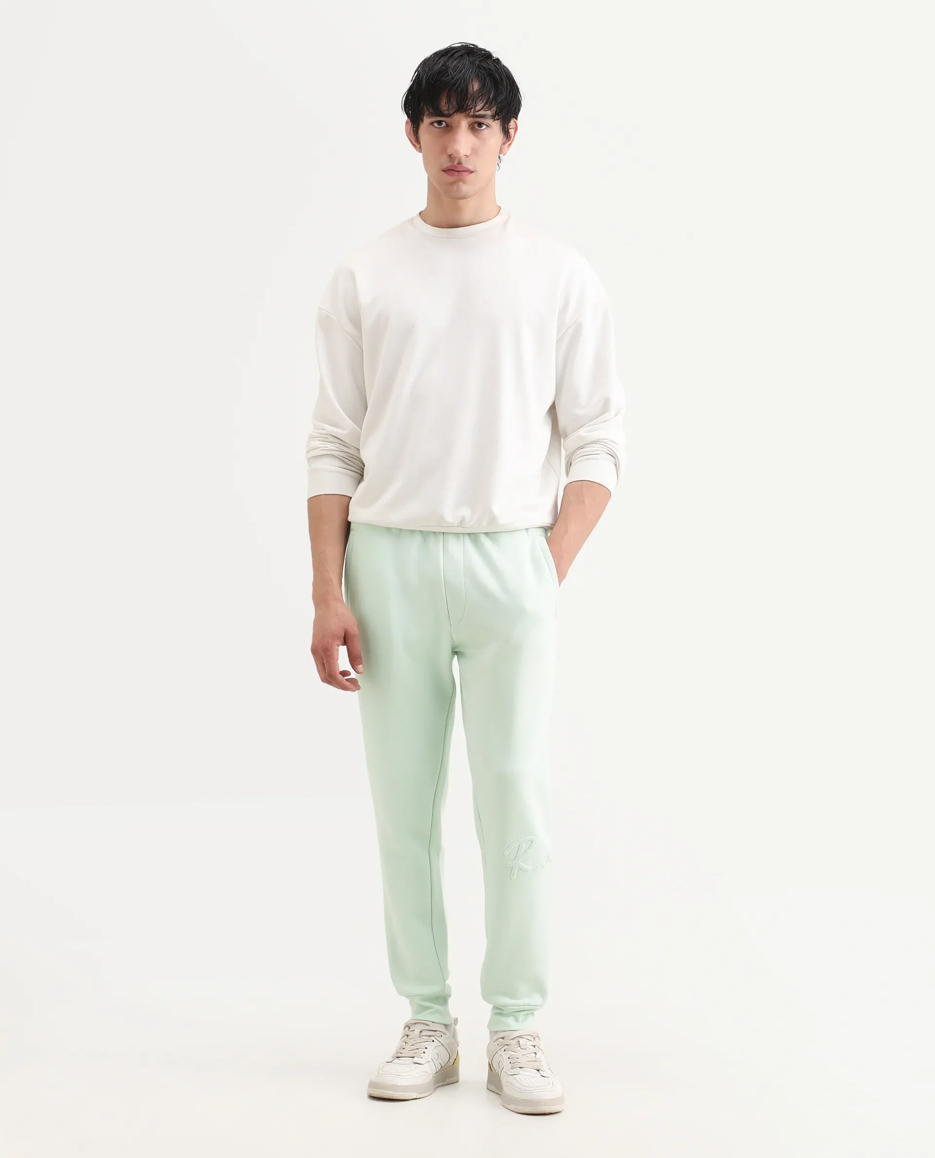 Rare Rabbit Men's Glame Light Green Cotton Plain Regular Fit Joggers - Image 2