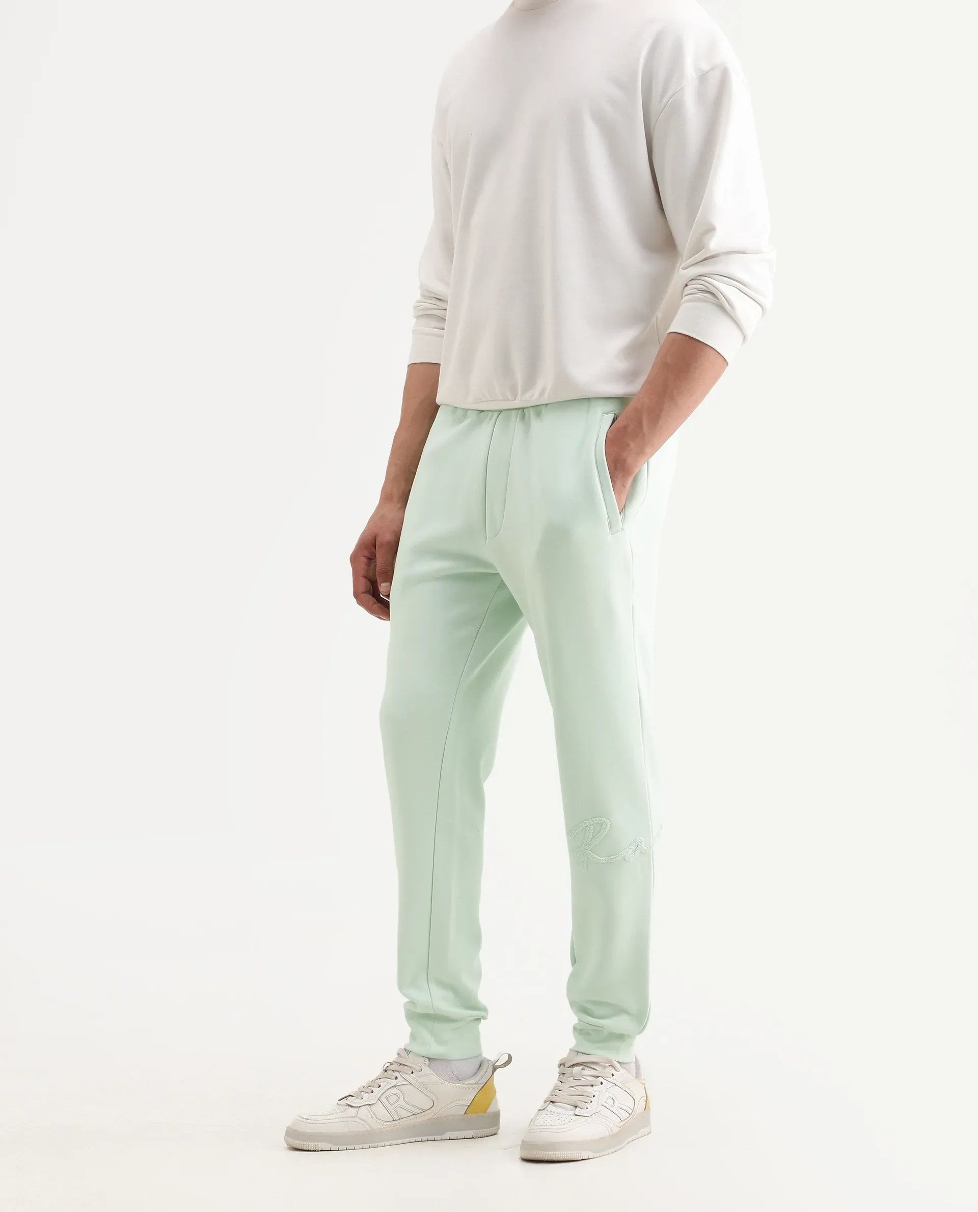 Rare Rabbit Men's Glame Light Green Cotton Plain Regular Fit Joggers - Image 3