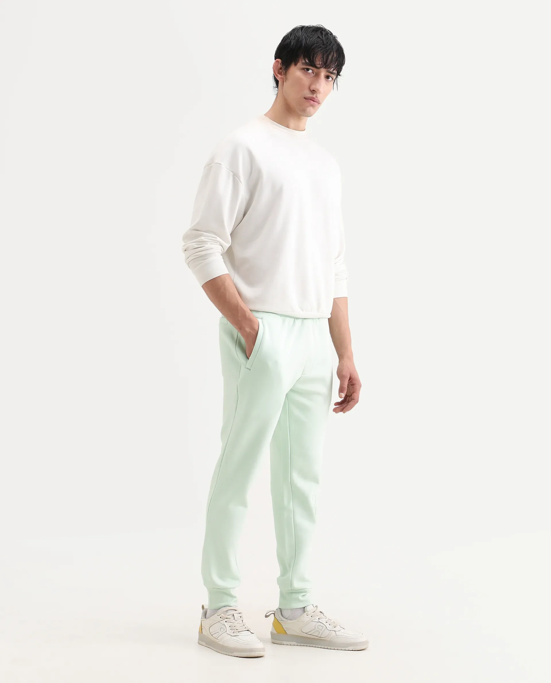Rare Rabbit Men's Glame Light Green Cotton Plain Regular Fit Joggers - Image 6
