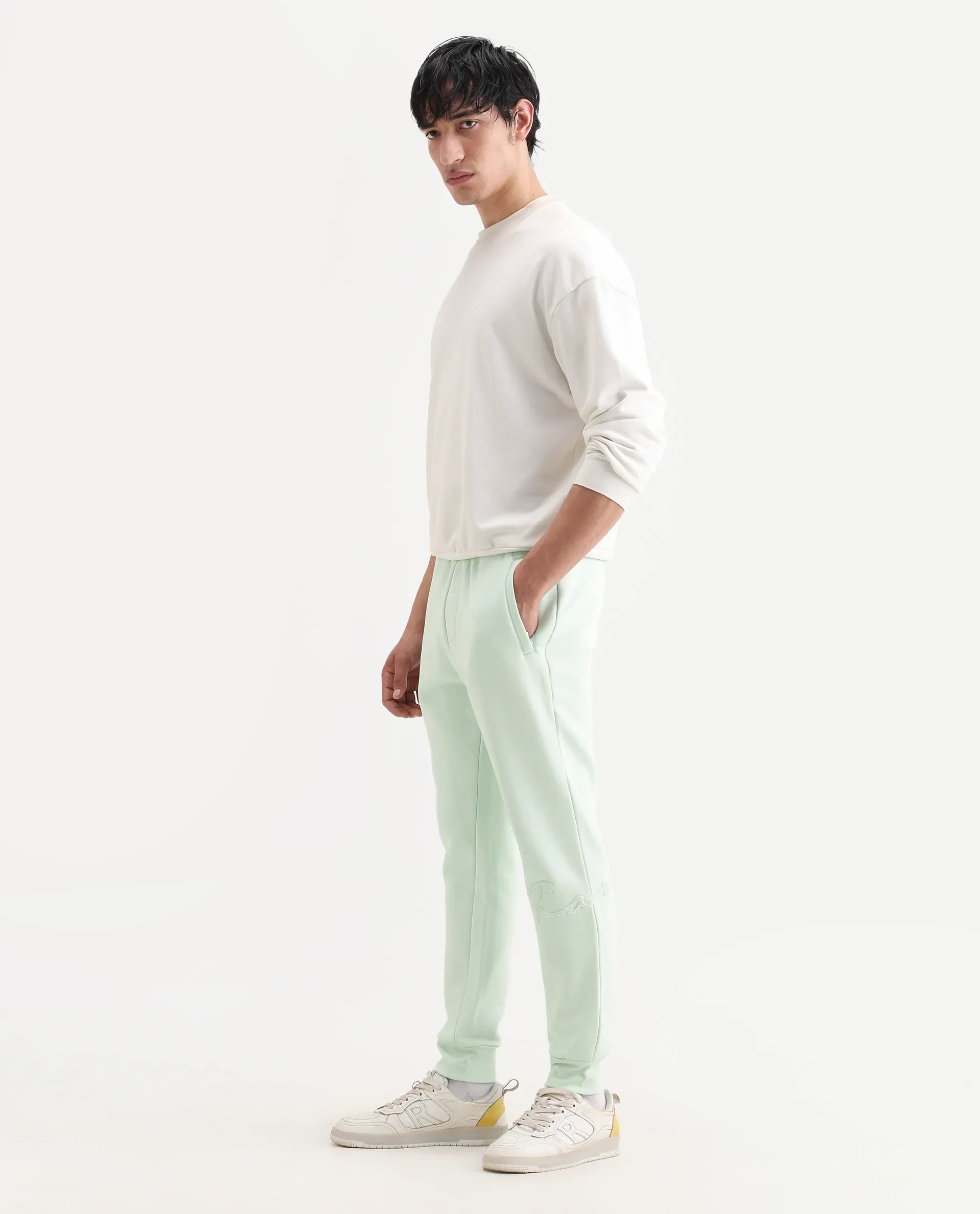 Rare Rabbit Men's Glame Light Green Cotton Plain Regular Fit Joggers - Image 7