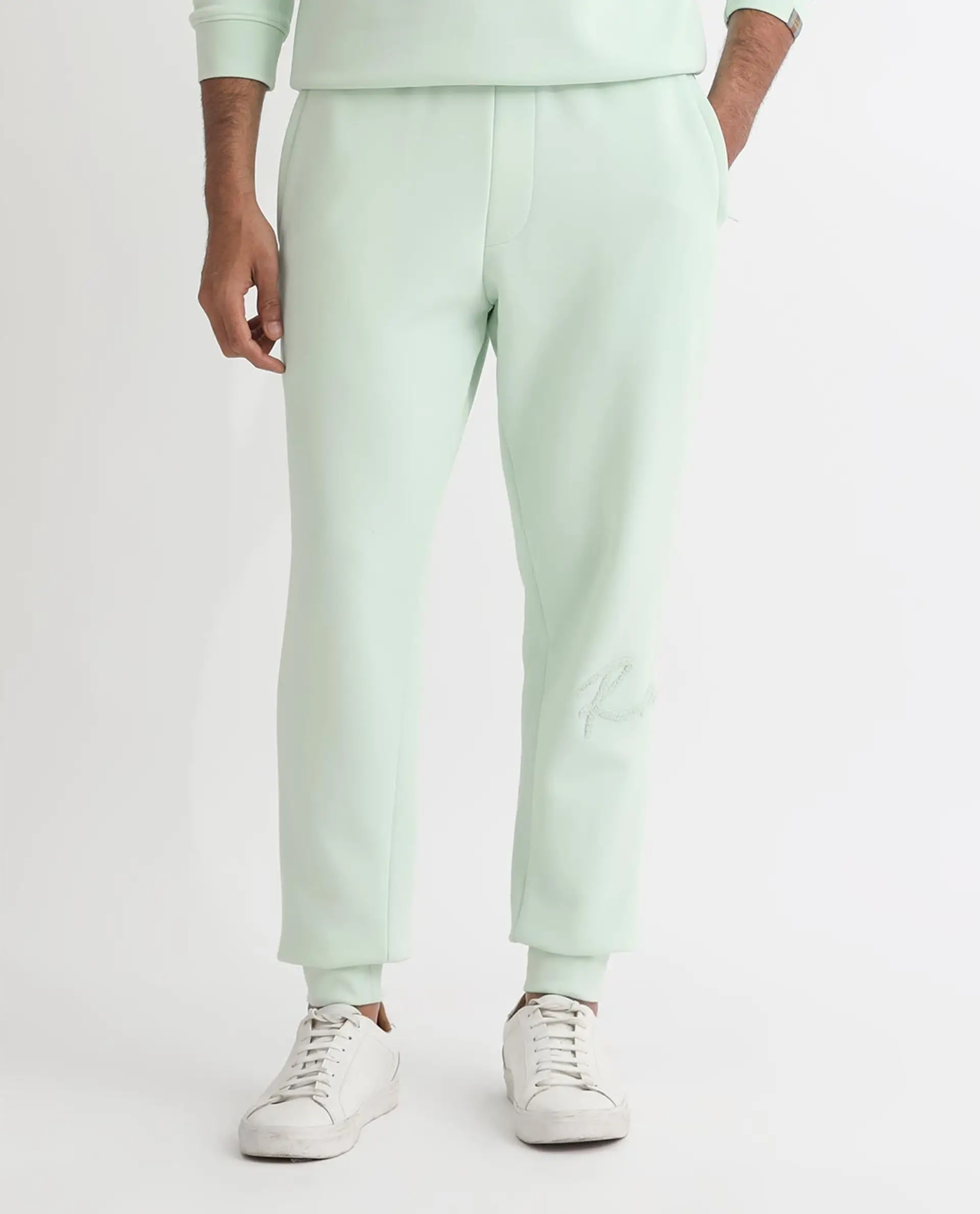 Rare Rabbit Men's Glame Light Green Cotton Plain Regular Fit Joggers - Image 9