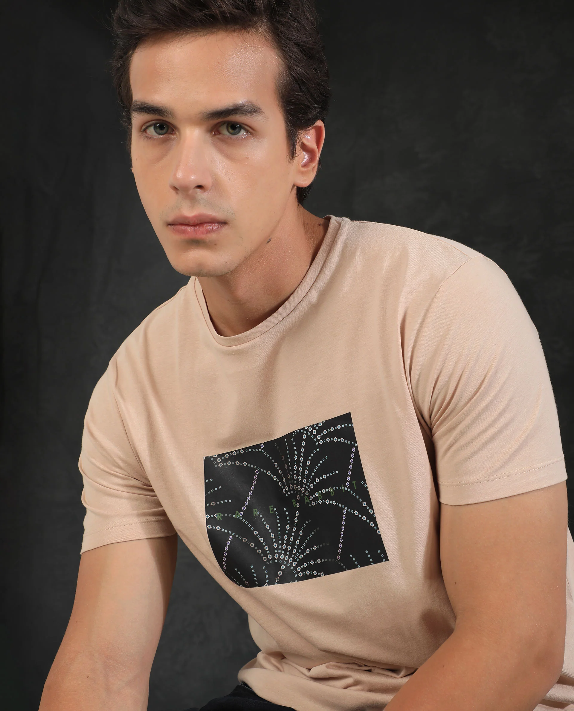 Rare Rabbit Men's Glam Beige Cotton Graphic Print Slim Fit Half Sleeve Crew Neck T-Shirt - Image 2