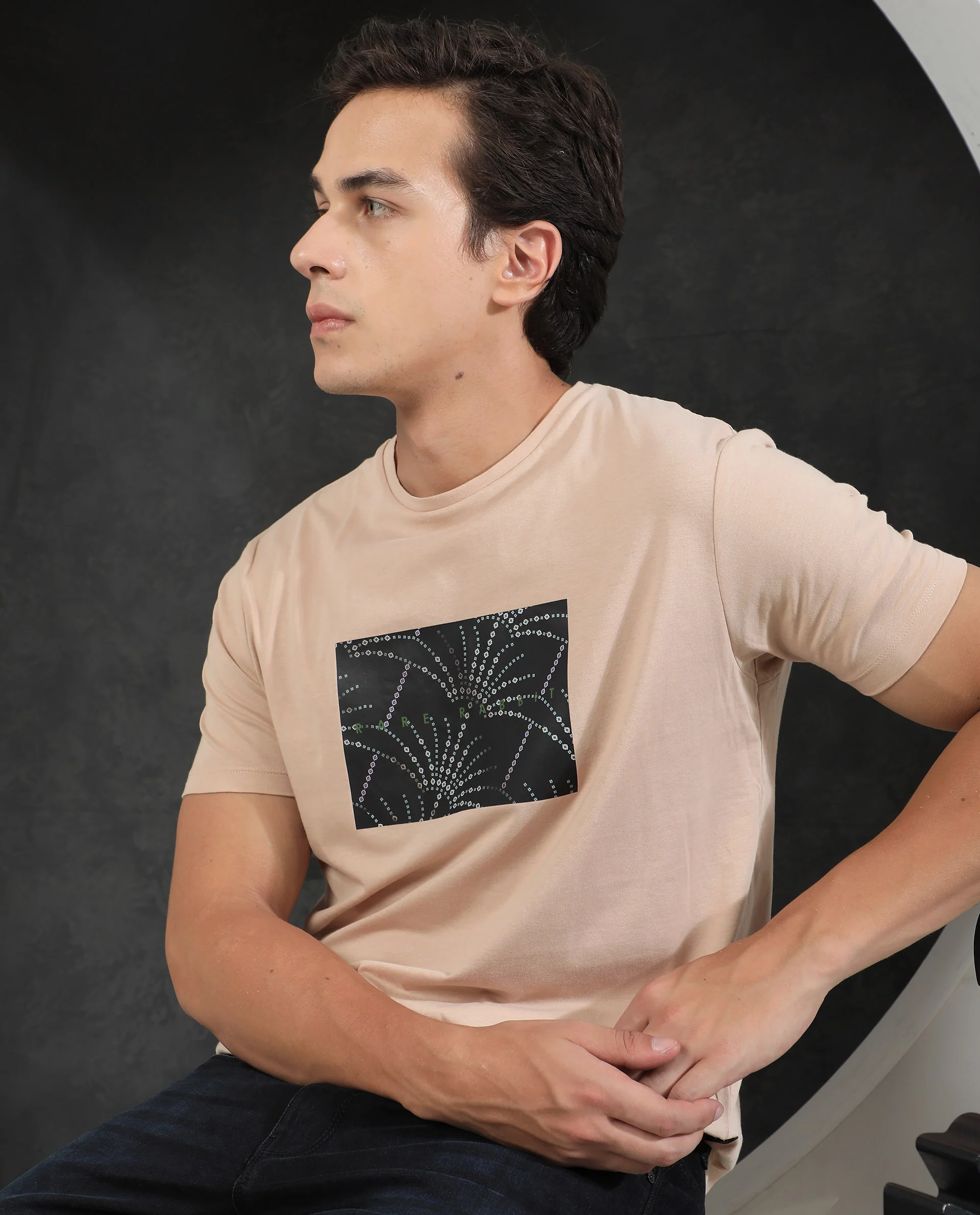 Rare Rabbit Men's Glam Beige Cotton Graphic Print Slim Fit Half Sleeve Crew Neck T-Shirt - Image 3