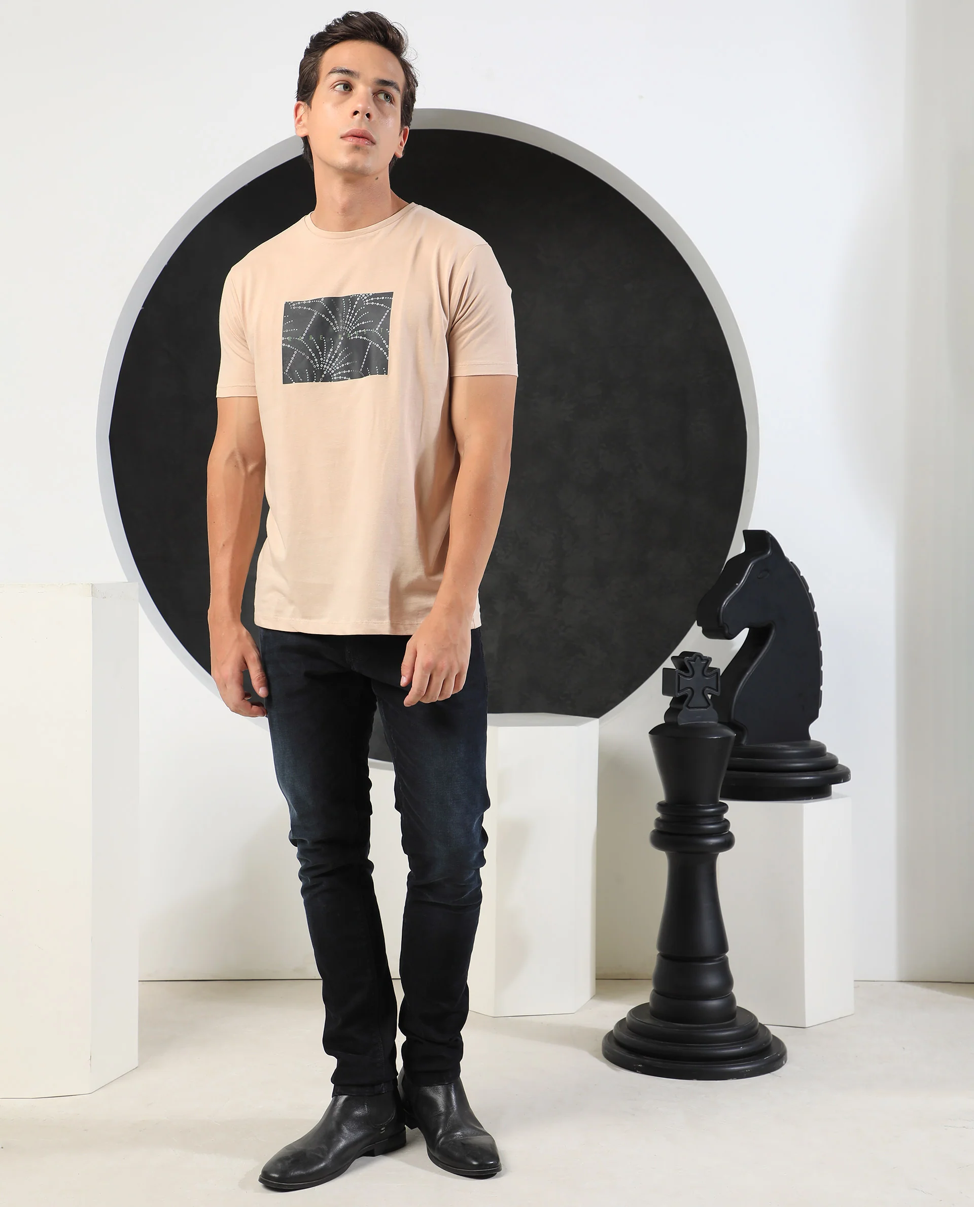 Rare Rabbit Men's Glam Beige Cotton Graphic Print Slim Fit Half Sleeve Crew Neck T-Shirt - Image 4