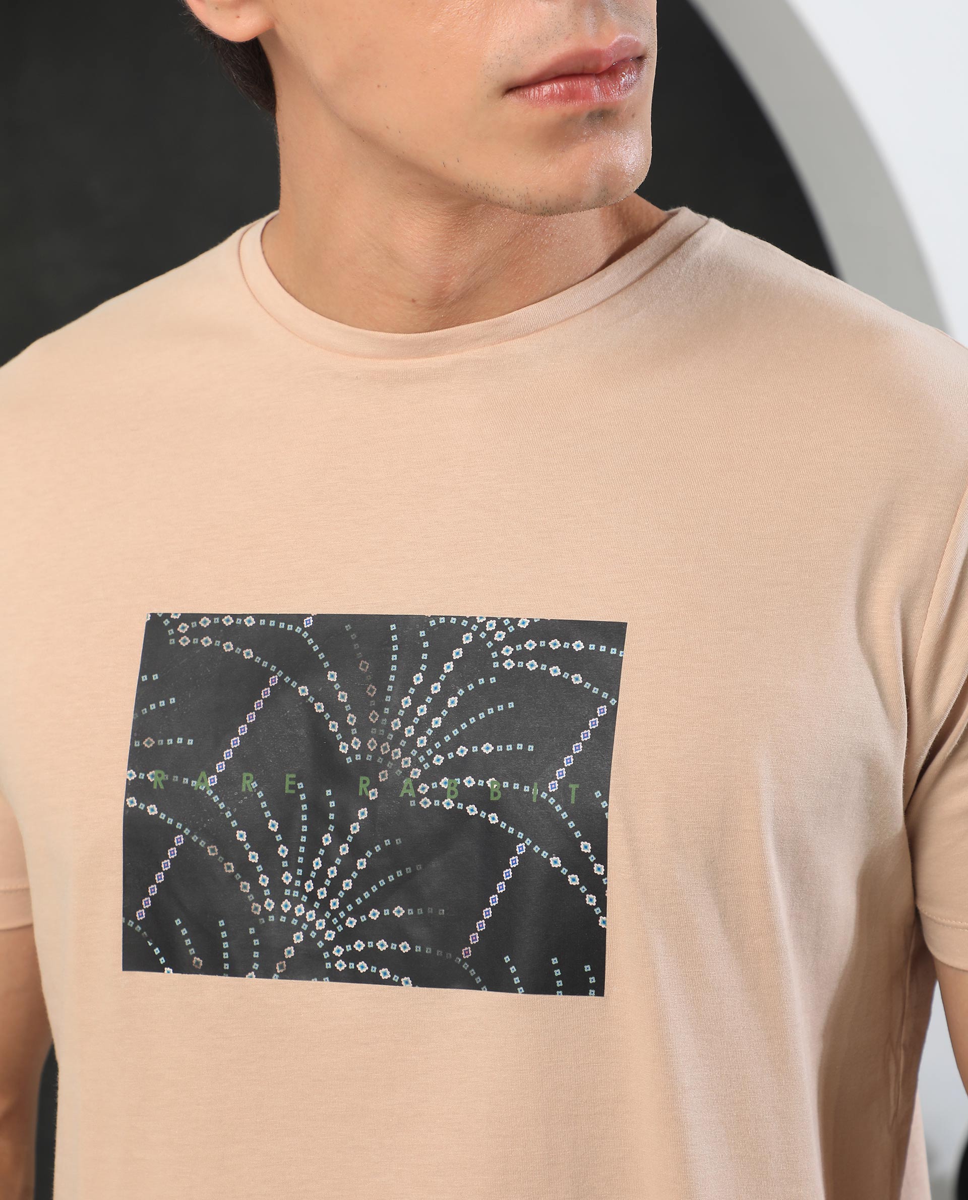 Rare Rabbit Men's Glam Beige Cotton Graphic Print Slim Fit Half Sleeve Crew Neck T-Shirt - Image 5