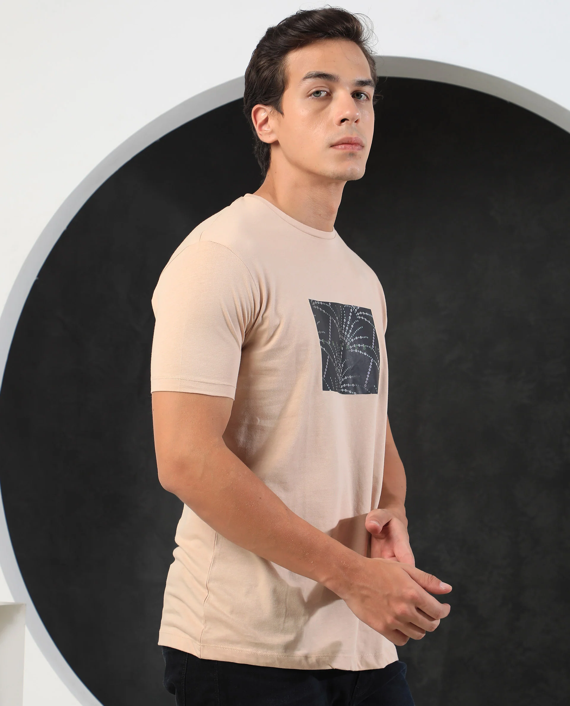 Rare Rabbit Men's Glam Beige Cotton Graphic Print Slim Fit Half Sleeve Crew Neck T-Shirt - Image 6