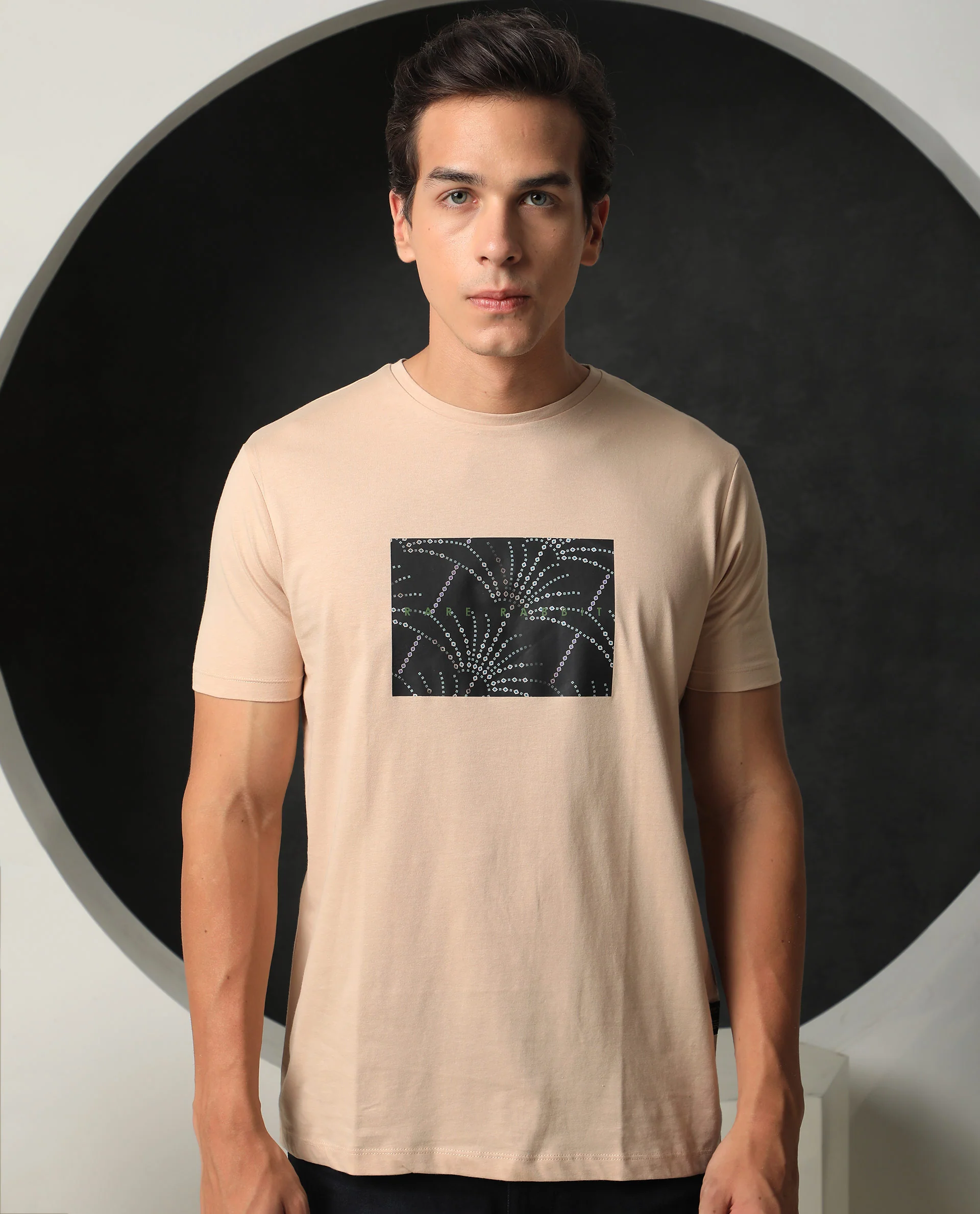 Rare Rabbit Men's Glam Beige Cotton Graphic Print Slim Fit Half Sleeve Crew Neck T-Shirt - Image 7