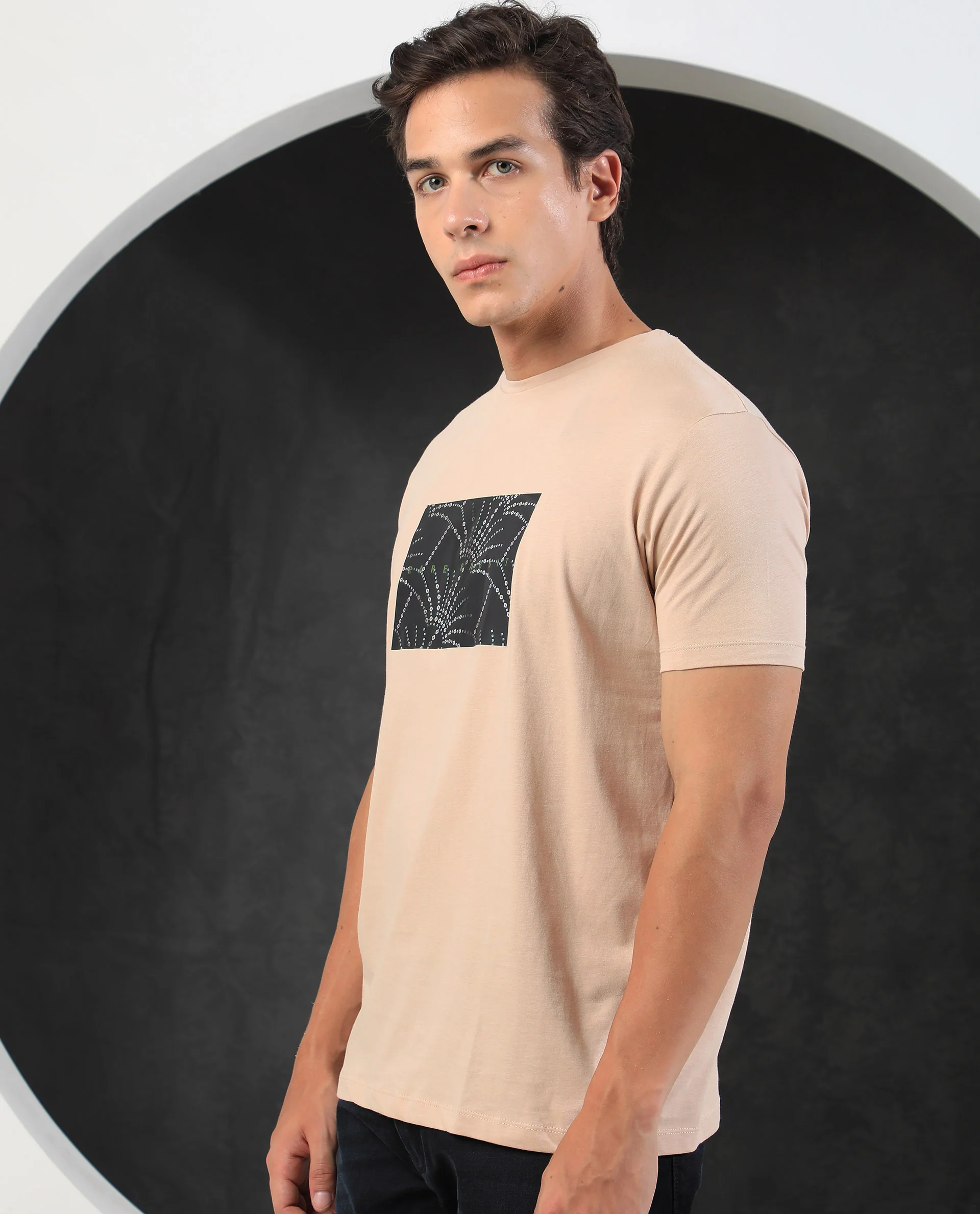 Rare Rabbit Men's Glam Beige Cotton Graphic Print Slim Fit Half Sleeve Crew Neck T-Shirt - Image 8