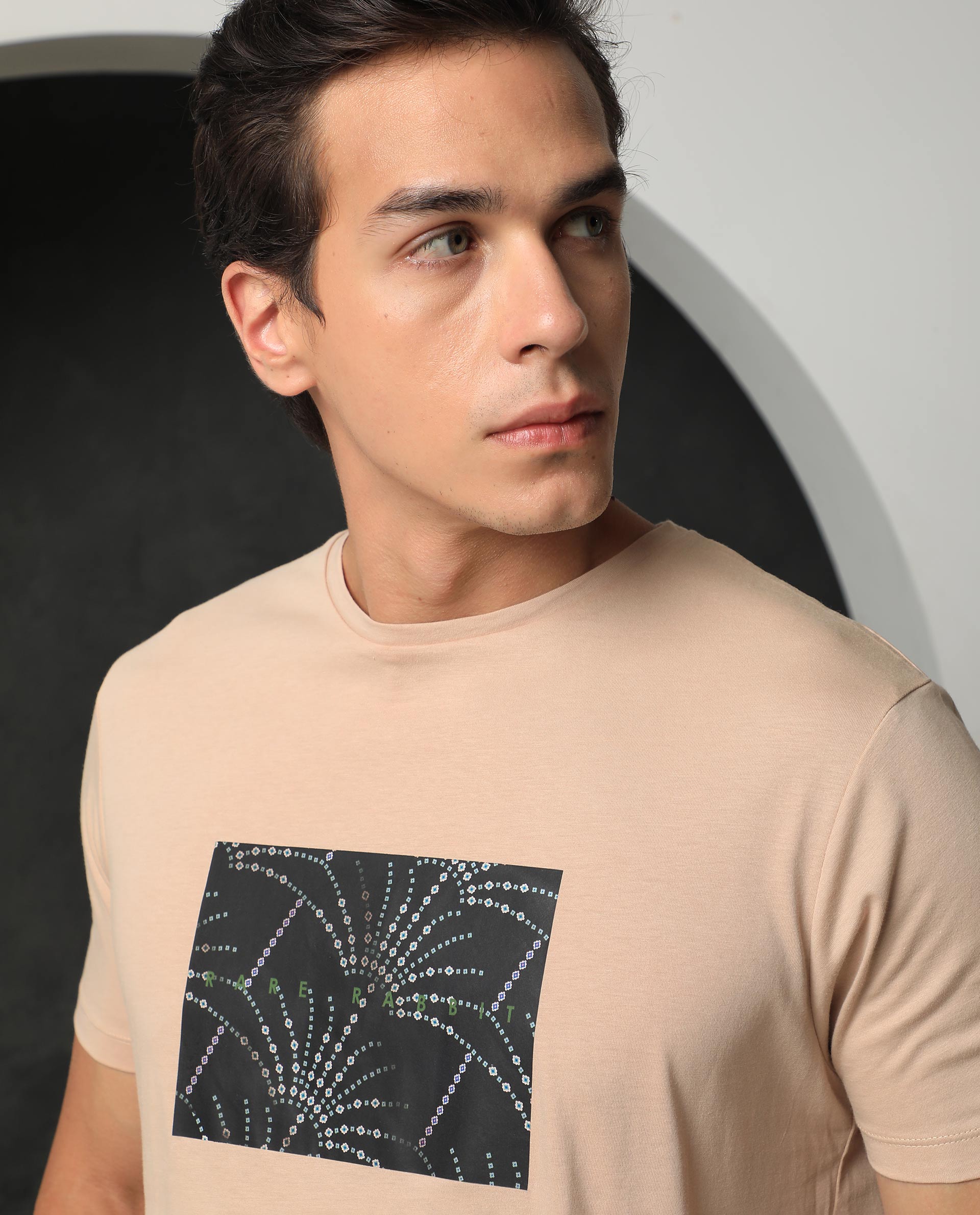 Rare Rabbit Men's Glam Beige Cotton Graphic Print Slim Fit Half Sleeve Crew Neck T-Shirt - Image 9