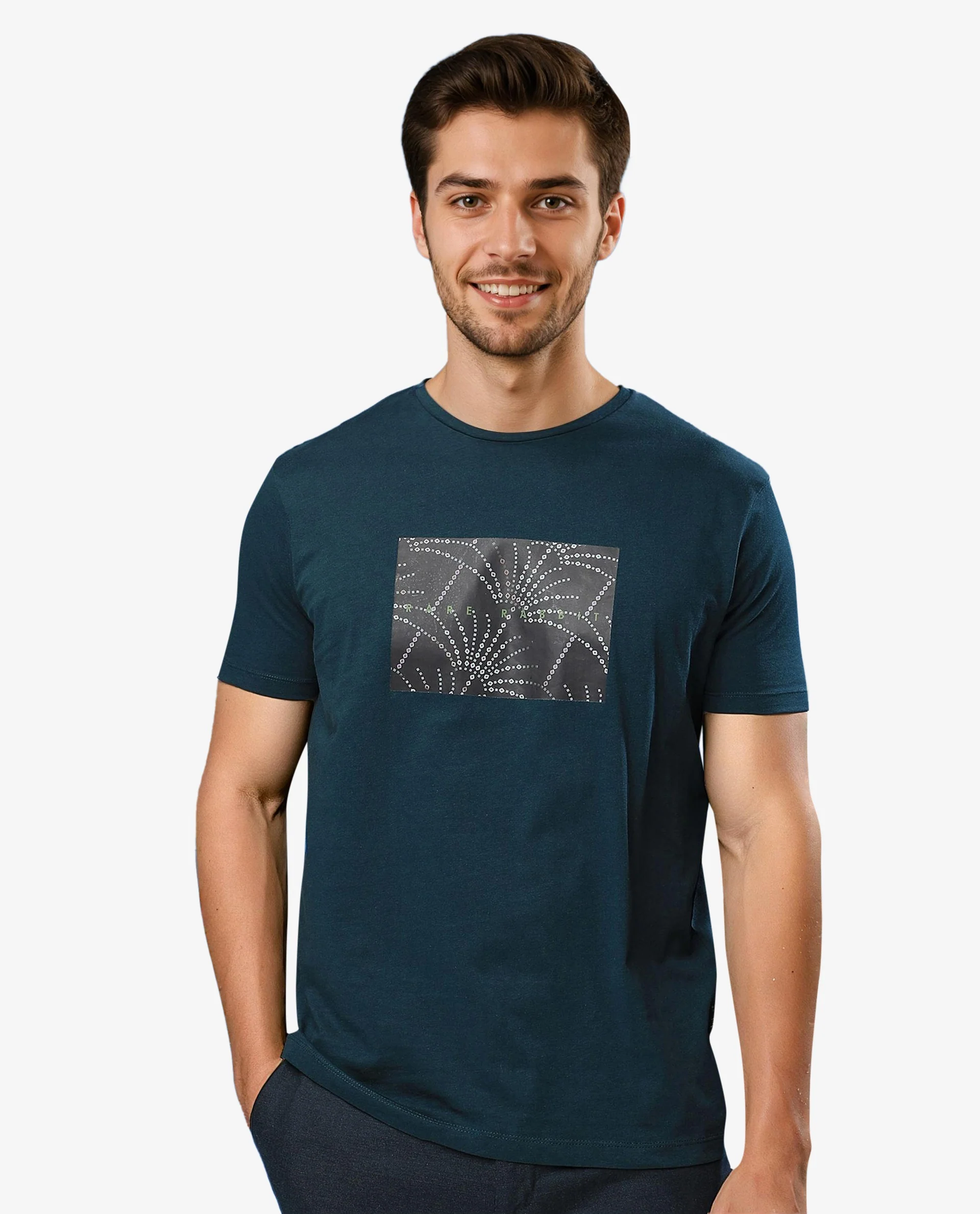Rare Rabbit Men's Glam Green Cotton Graphic Print Slim Fit Half Sleeve Crew Neck T-Shirt