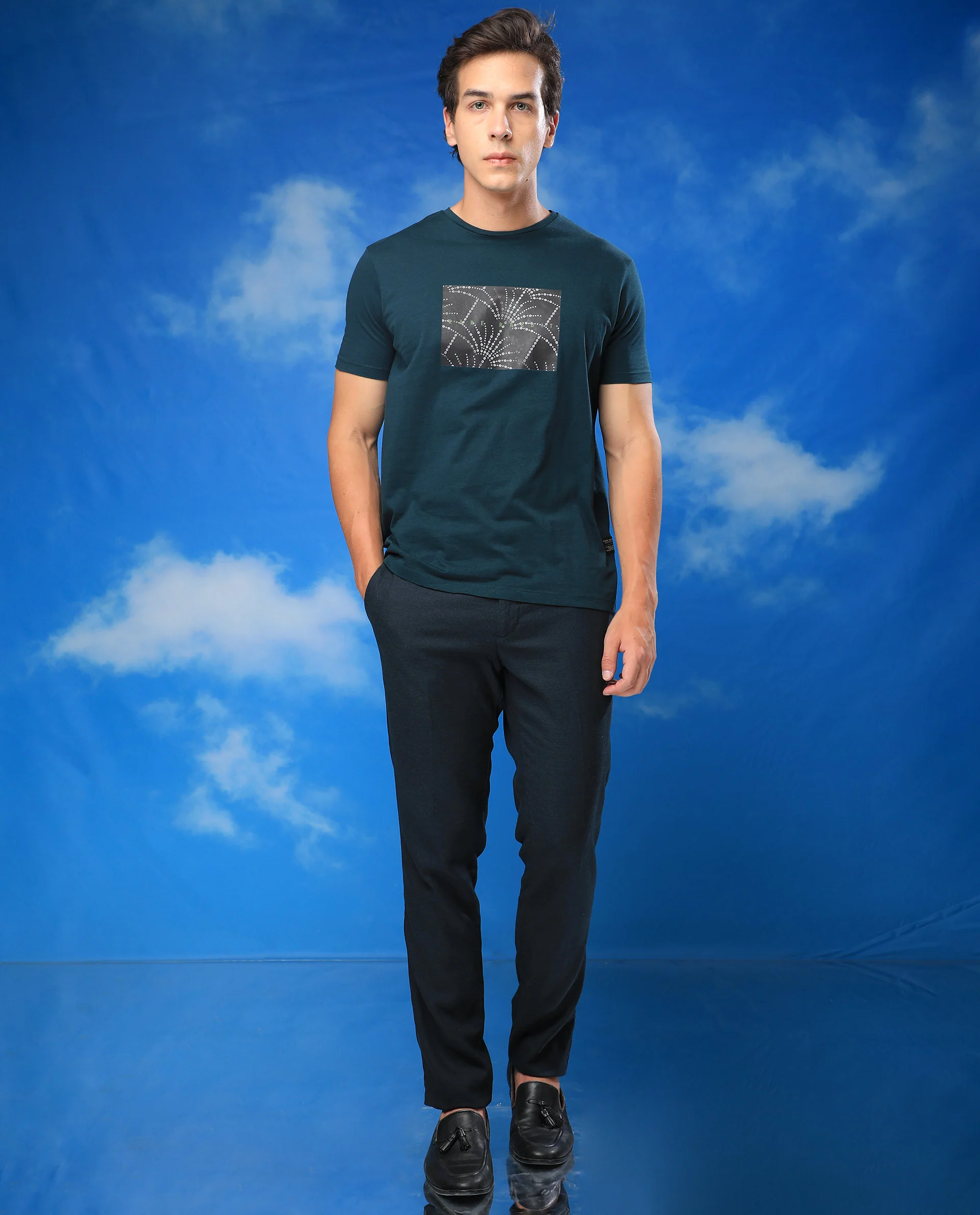 Rare Rabbit Men's Glam Green Cotton Graphic Print Slim Fit Half Sleeve Crew Neck T-Shirt - Image 2