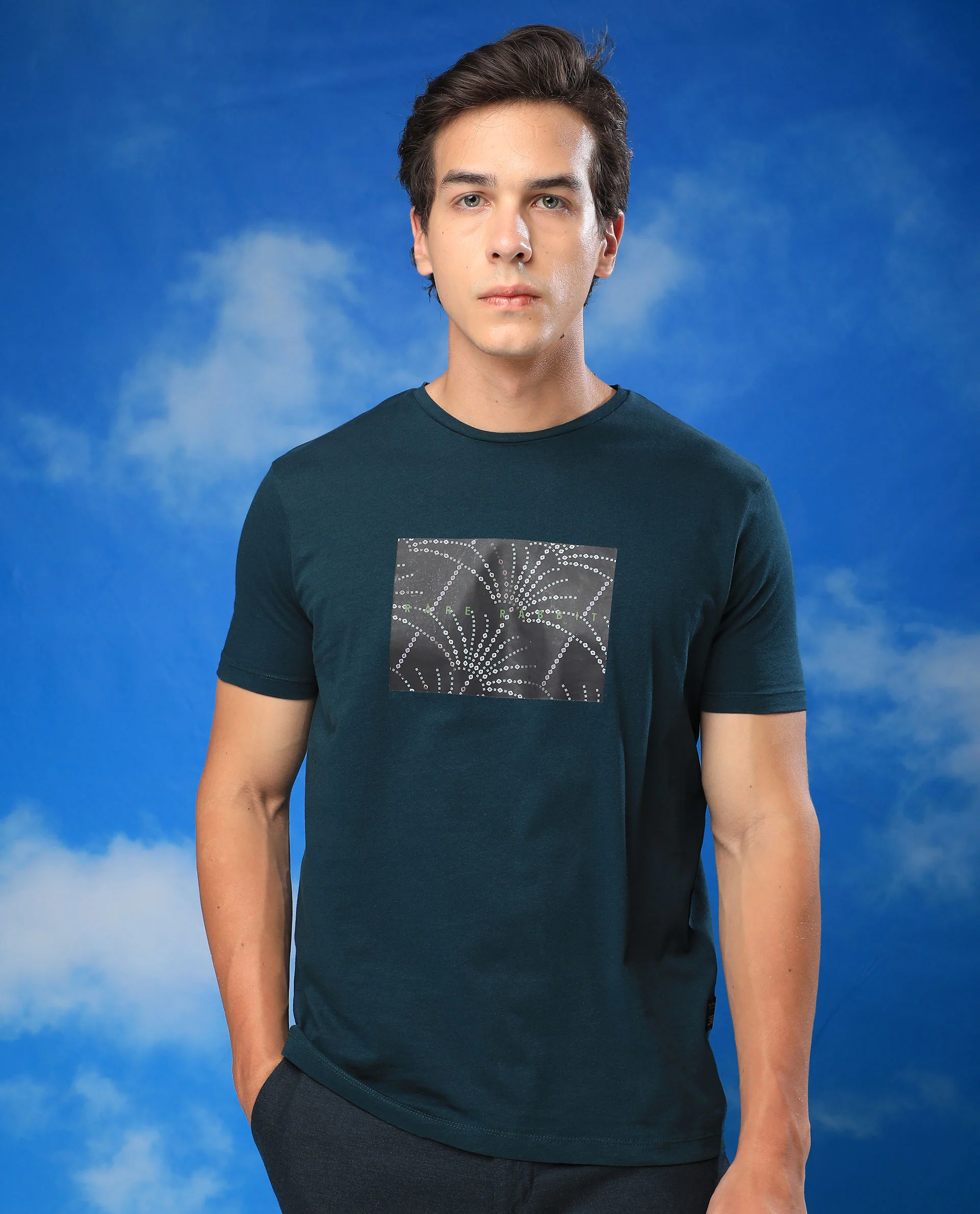 Rare Rabbit Men's Glam Green Cotton Graphic Print Slim Fit Half Sleeve Crew Neck T-Shirt - Image 3