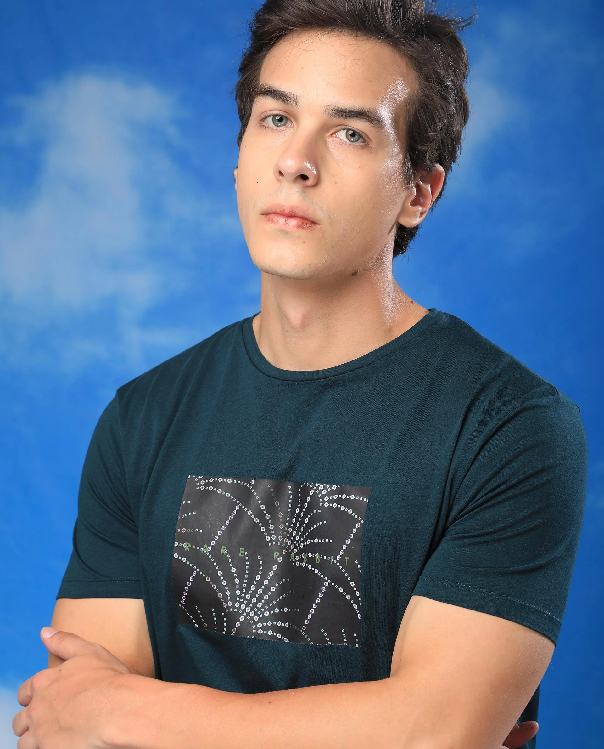 Rare Rabbit Men's Glam Green Cotton Graphic Print Slim Fit Half Sleeve Crew Neck T-Shirt - Image 4