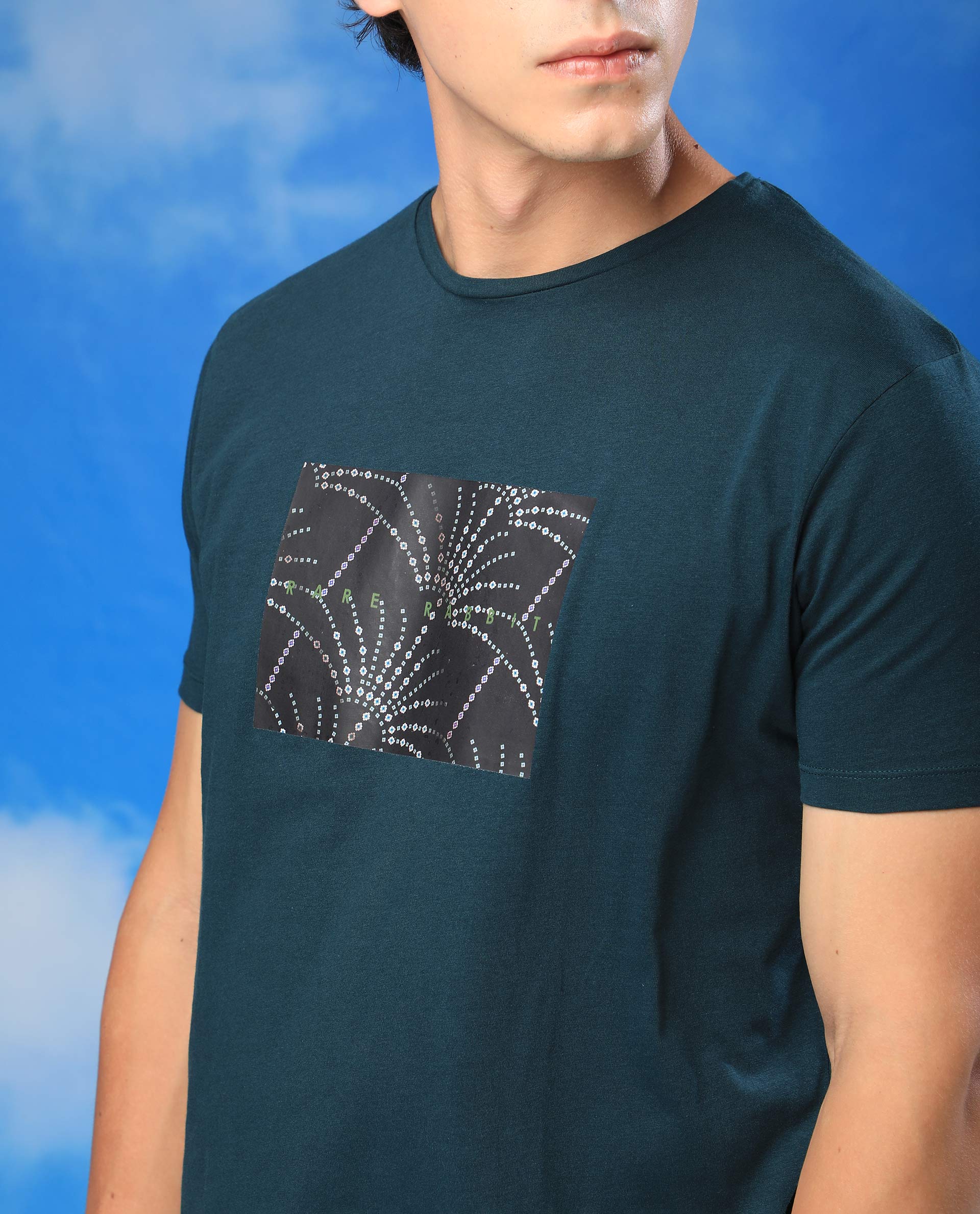 Rare Rabbit Men's Glam Green Cotton Graphic Print Slim Fit Half Sleeve Crew Neck T-Shirt - Image 5