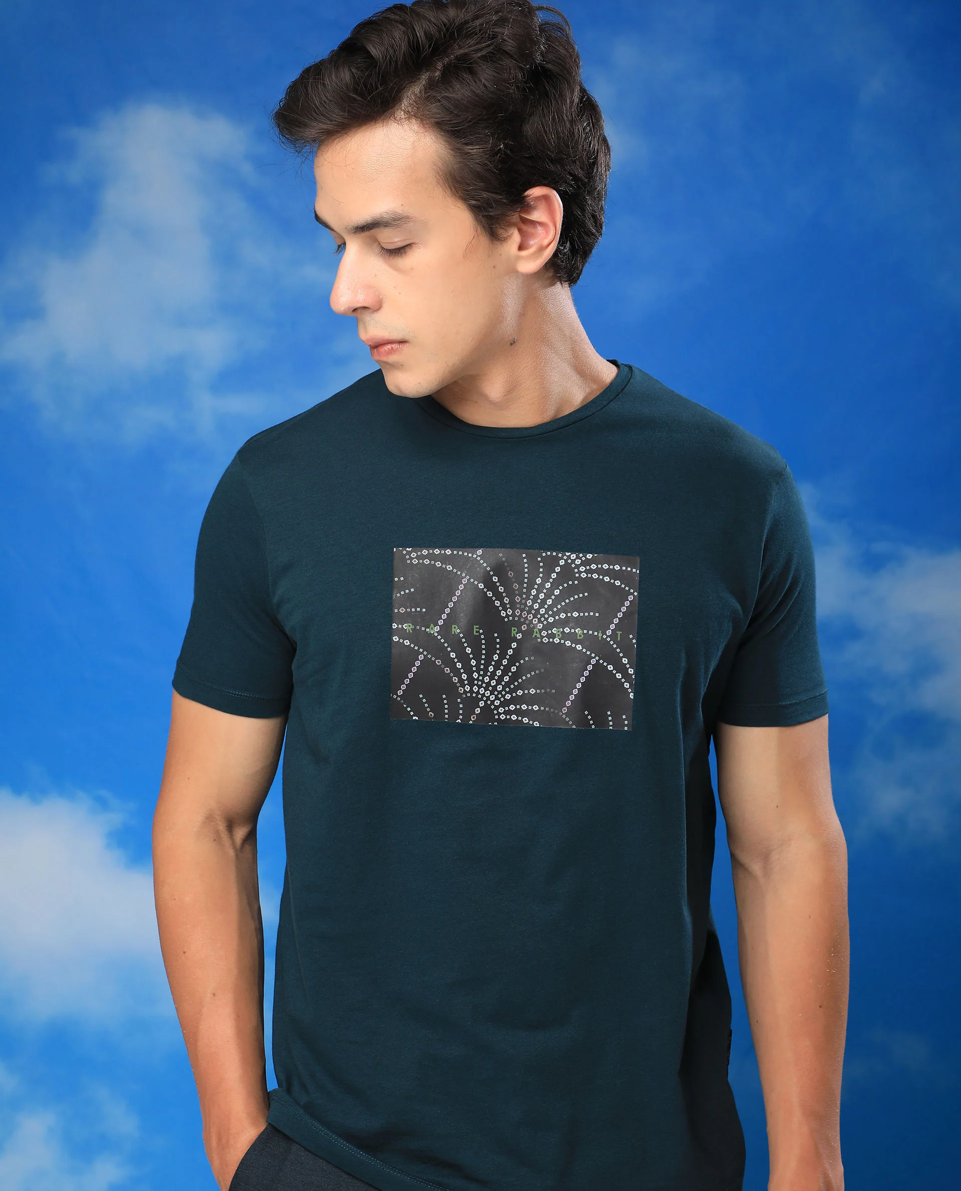Rare Rabbit Men's Glam Green Cotton Graphic Print Slim Fit Half Sleeve Crew Neck T-Shirt - Image 6