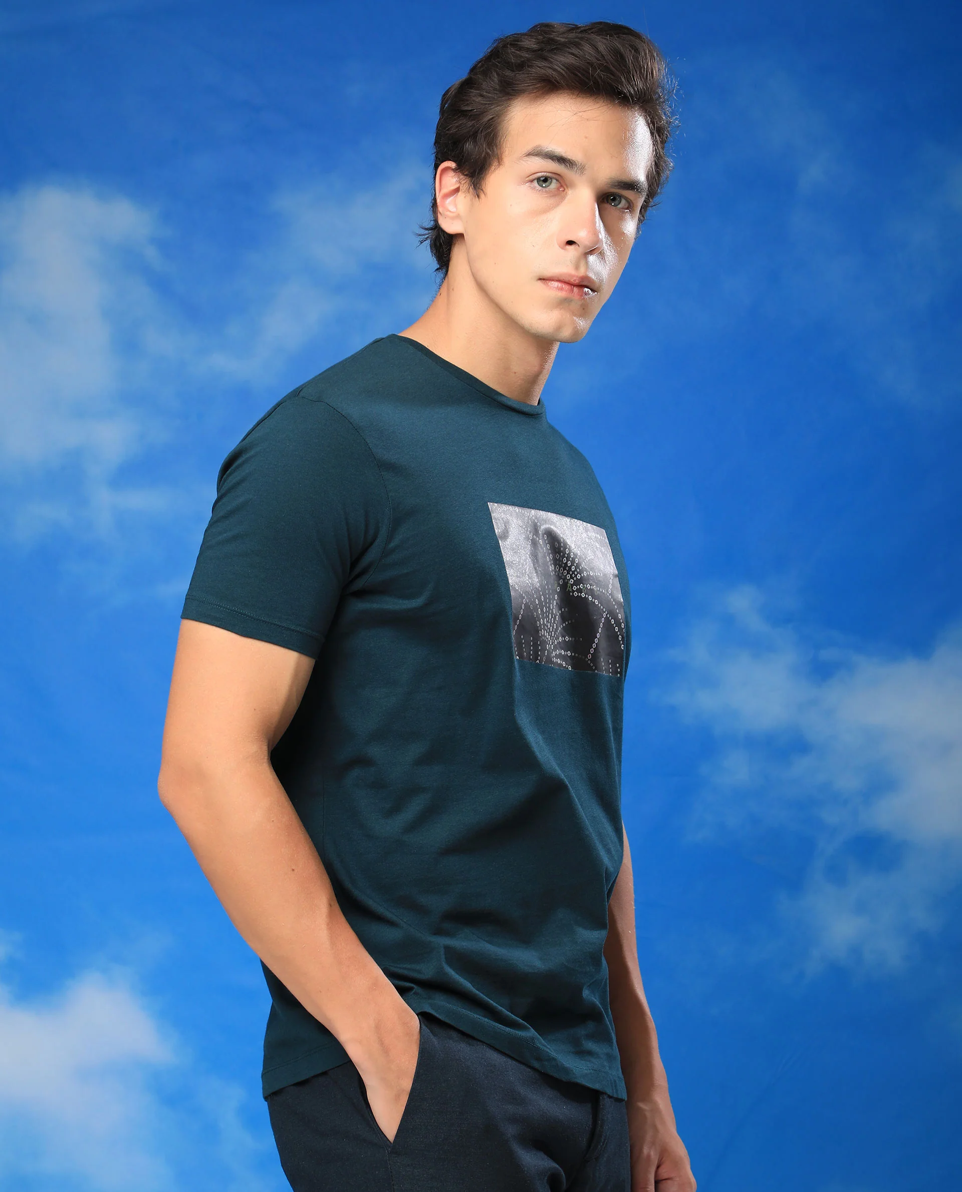 Rare Rabbit Men's Glam Green Cotton Graphic Print Slim Fit Half Sleeve Crew Neck T-Shirt - Image 7
