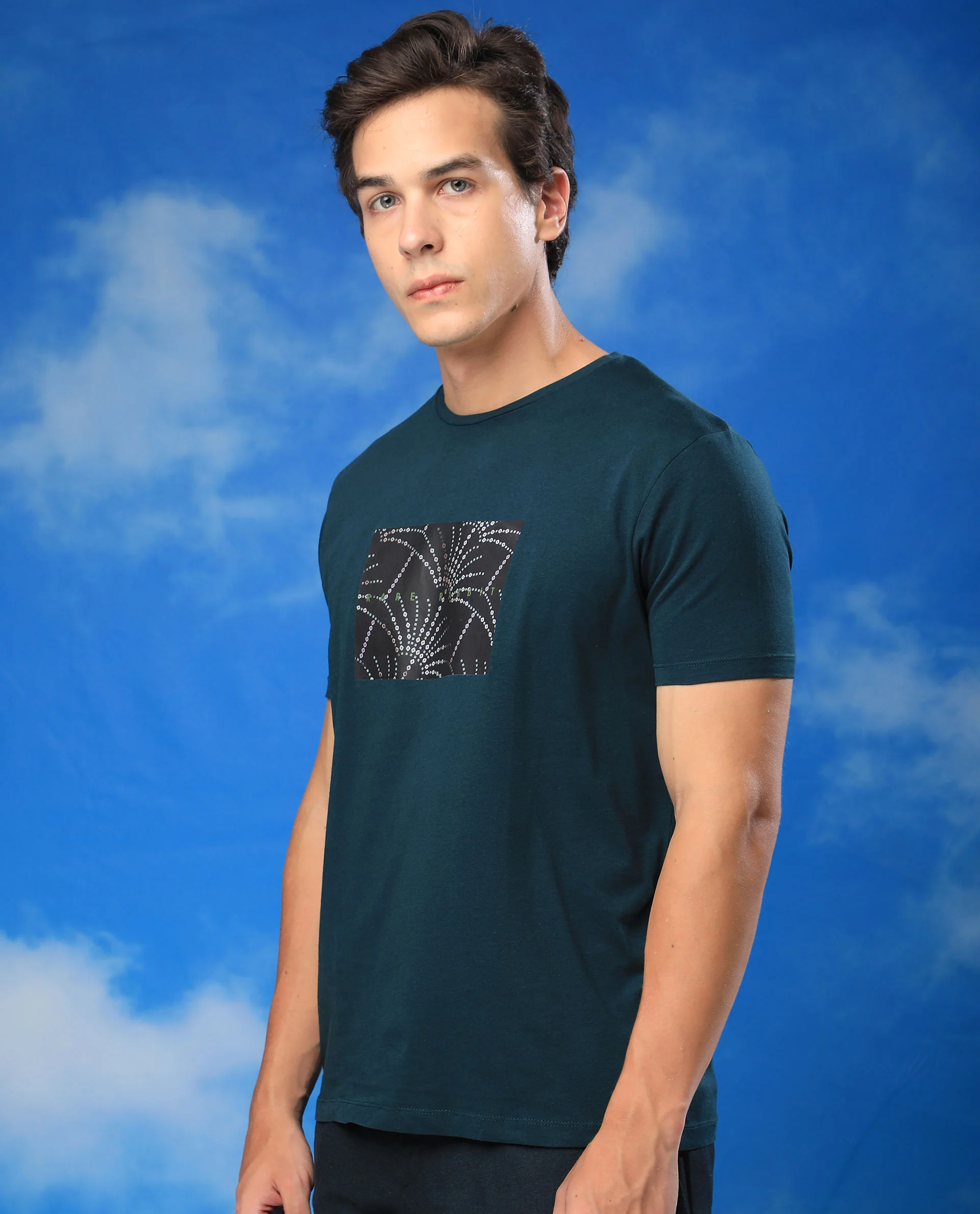 Rare Rabbit Men's Glam Green Cotton Graphic Print Slim Fit Half Sleeve Crew Neck T-Shirt - Image 8
