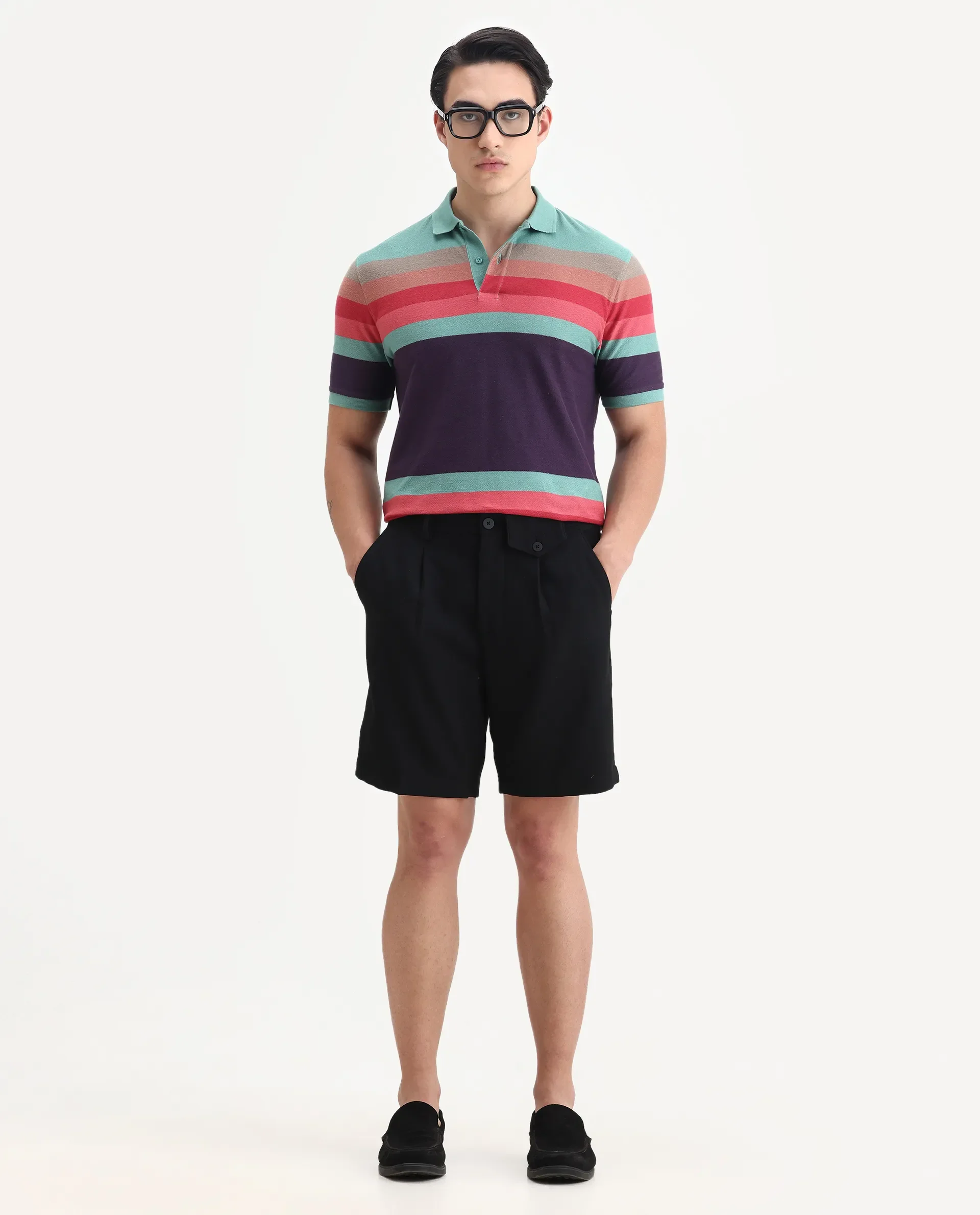 Rare Rabbit Men's Glasglow Green Cotton Striped Print Regular Fit Half Sleeve Polo - Image 2
