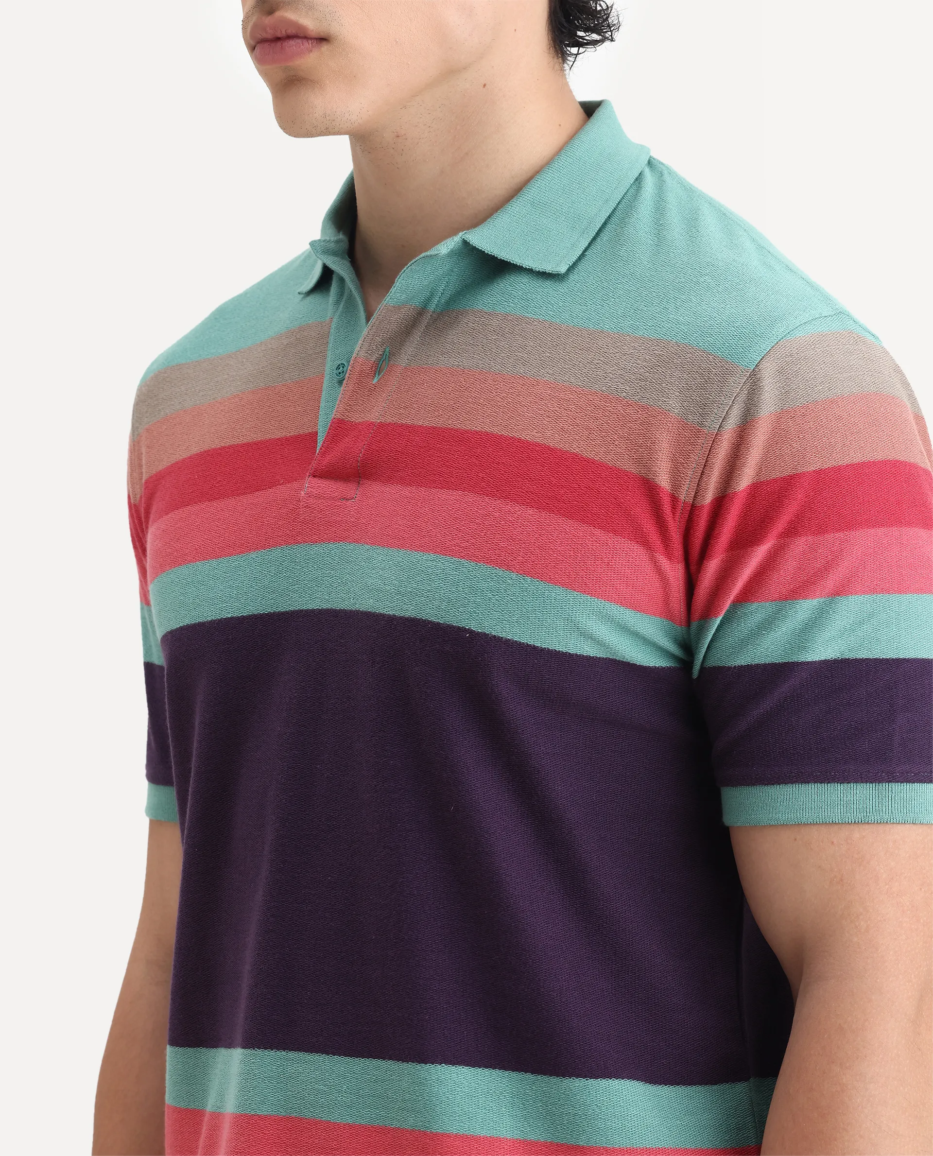 Rare Rabbit Men's Glasglow Green Cotton Striped Print Regular Fit Half Sleeve Polo - Image 3