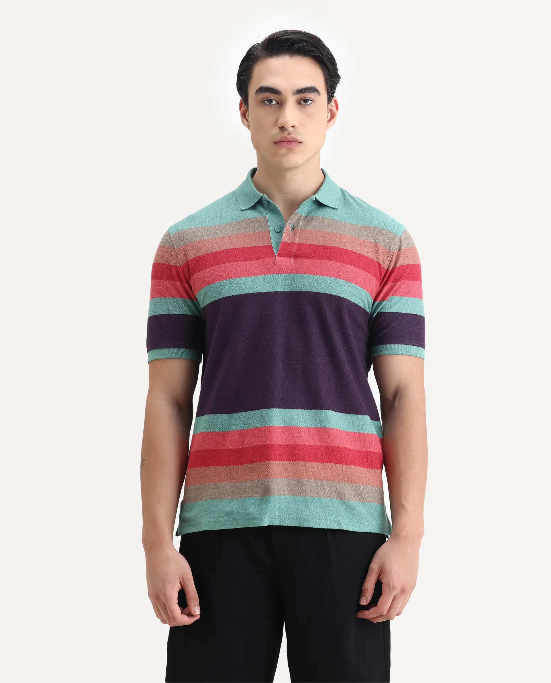 Rare Rabbit Men's Glasglow Green Cotton Striped Print Regular Fit Half Sleeve Polo - Image 4