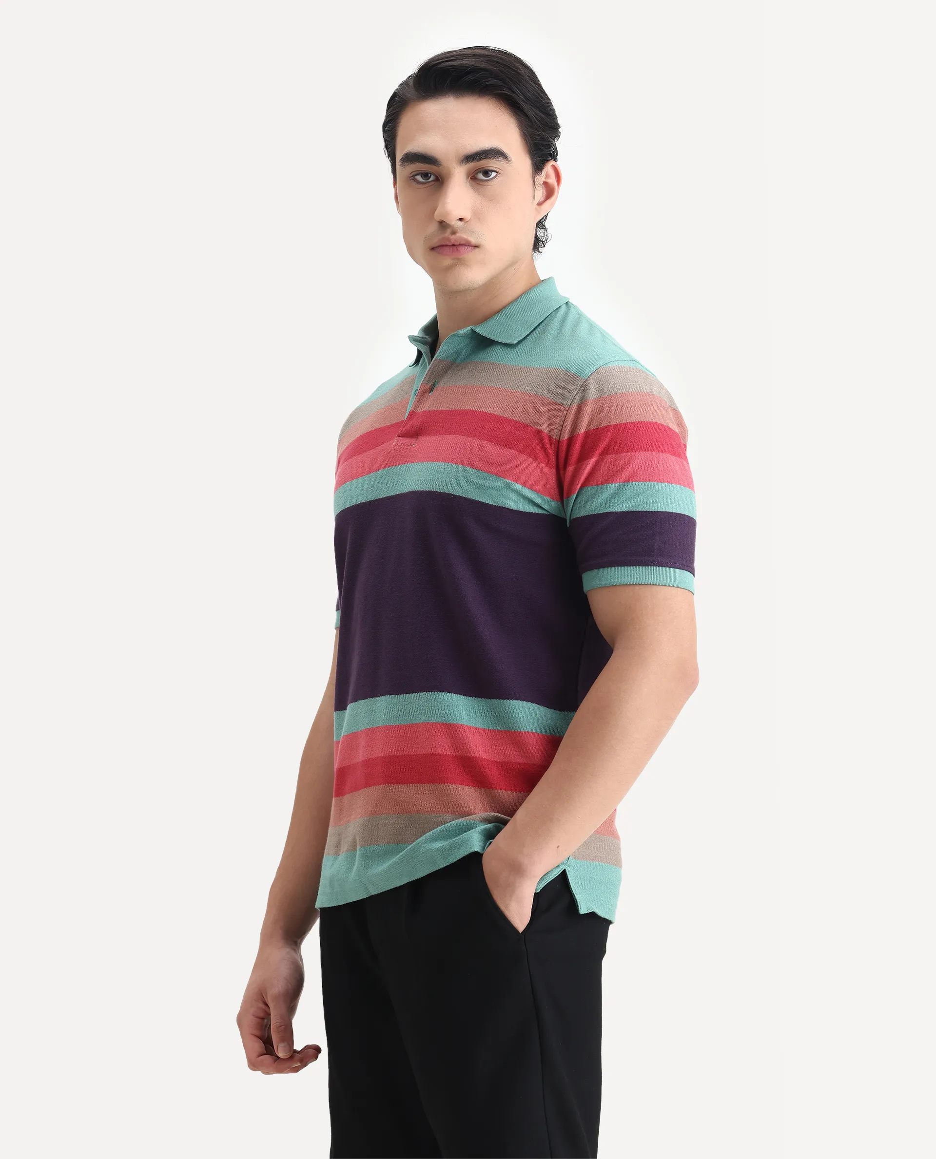Rare Rabbit Men's Glasglow Green Cotton Striped Print Regular Fit Half Sleeve Polo - Image 5